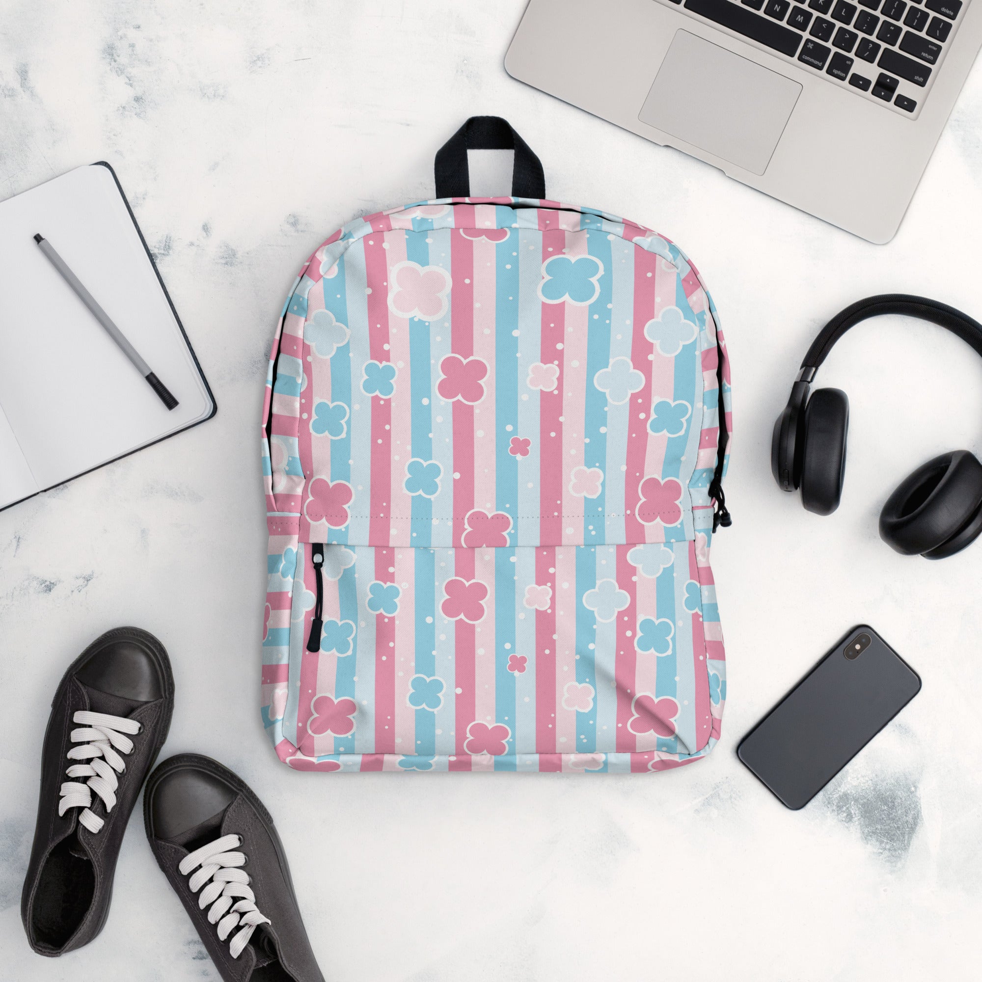 Preppy Cute Pastel Pink & Blue Flower Style Stripes Backpack for Girls