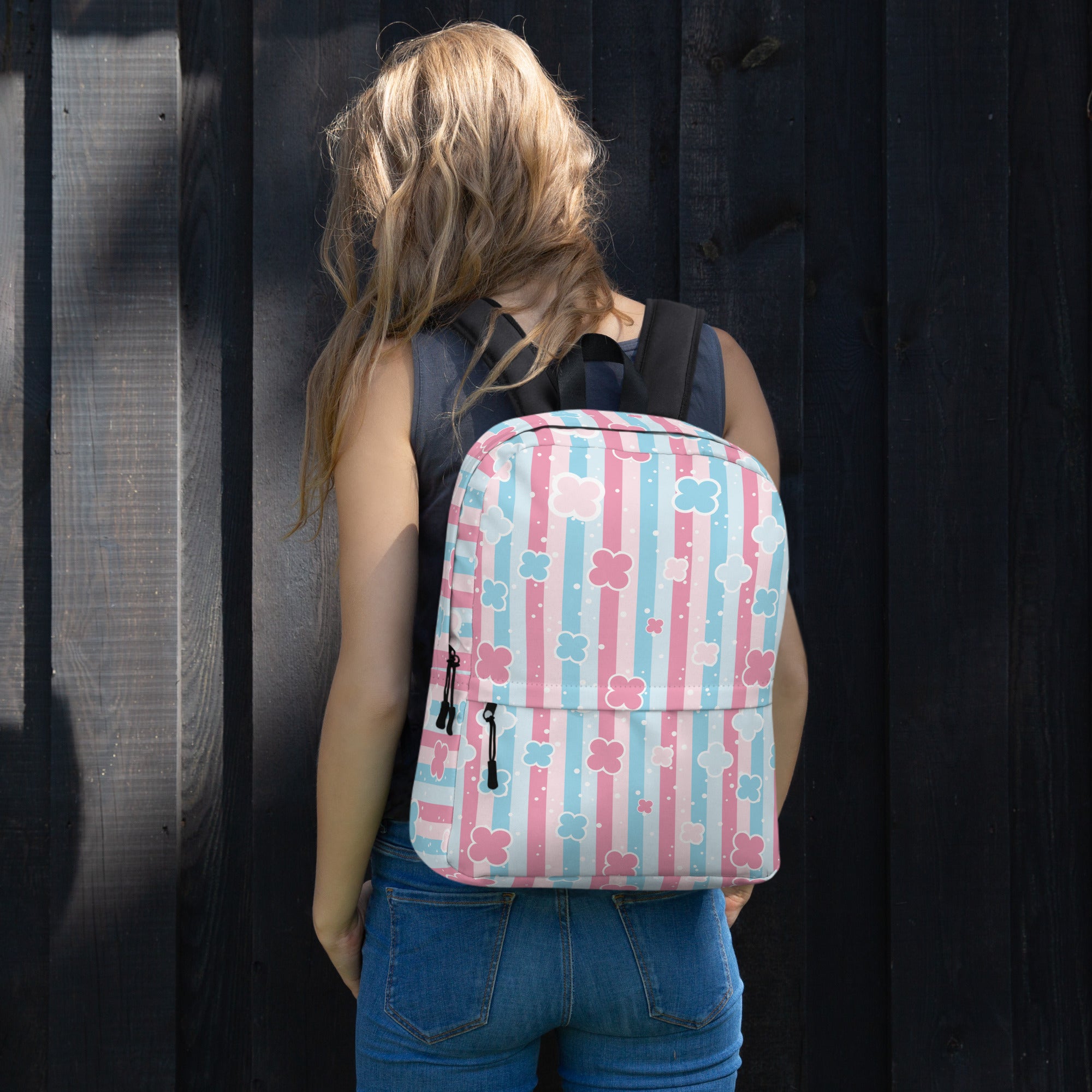 Preppy Cute Pastel Pink & Blue Flower Style Stripes Backpack for Girls