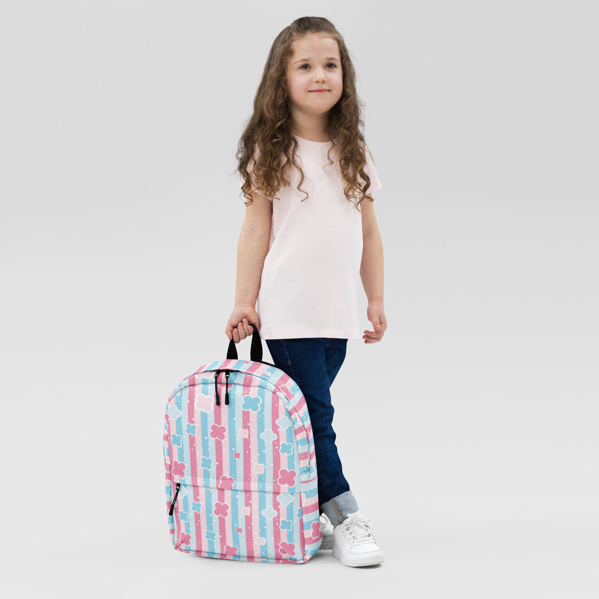 Preppy Cute Pastel Pink & Blue Flower Style Stripes Backpack for Girls