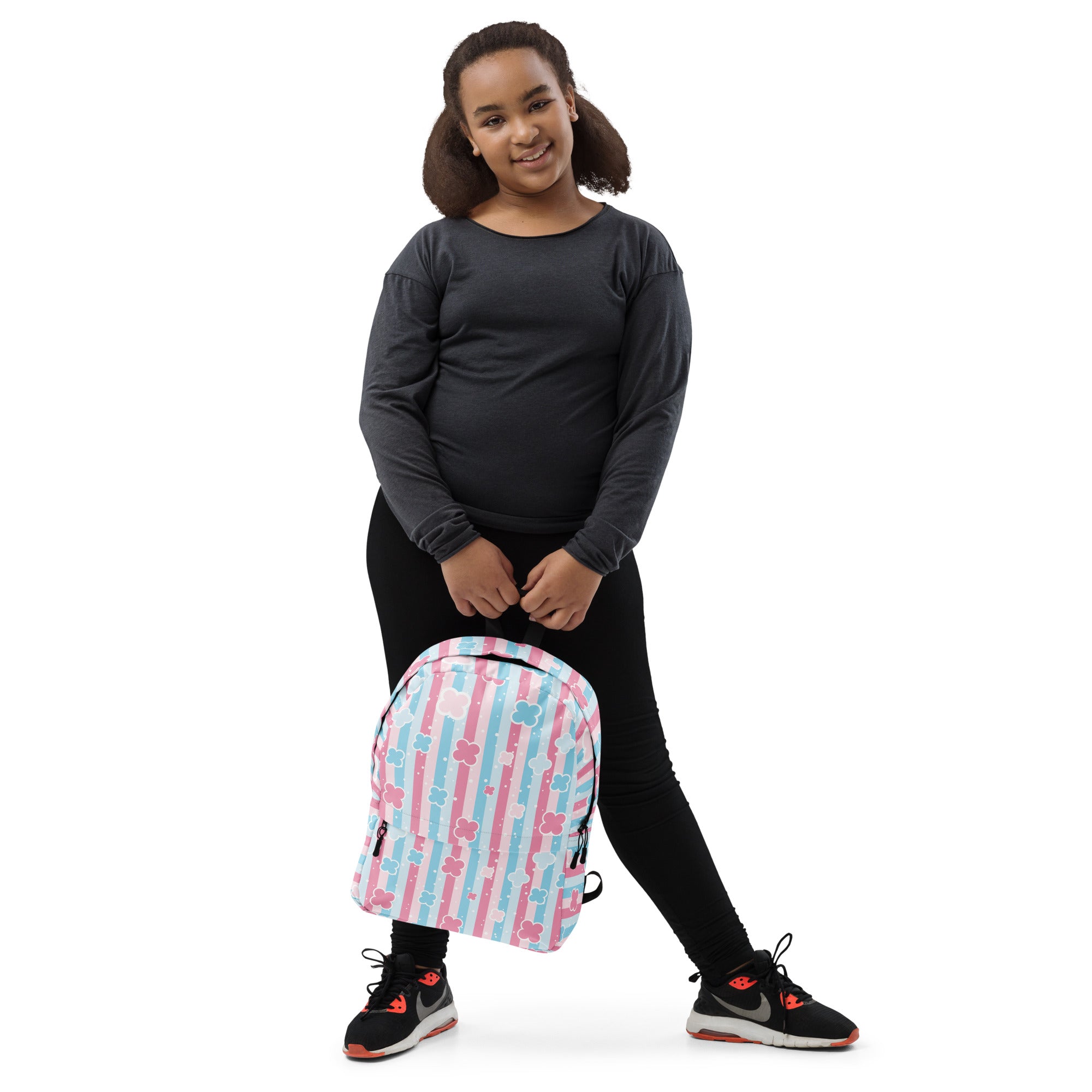 Preppy Cute Pastel Pink & Blue Flower Style Stripes Backpack for Girls