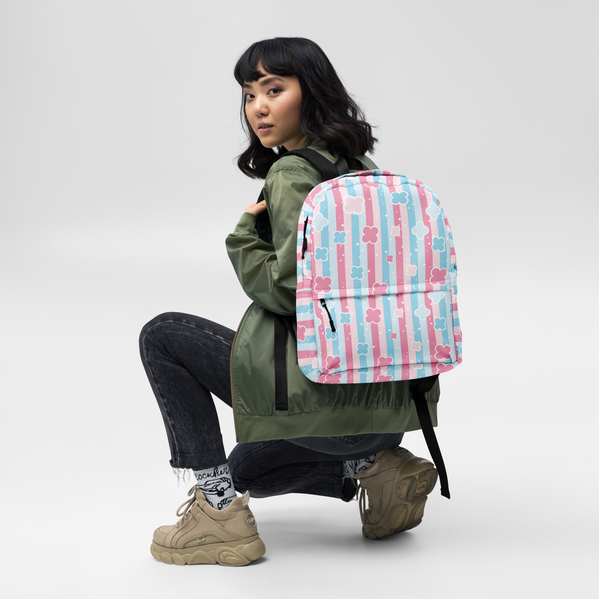 Preppy Cute Pastel Pink & Blue Flower Style Stripes Backpack for Girls