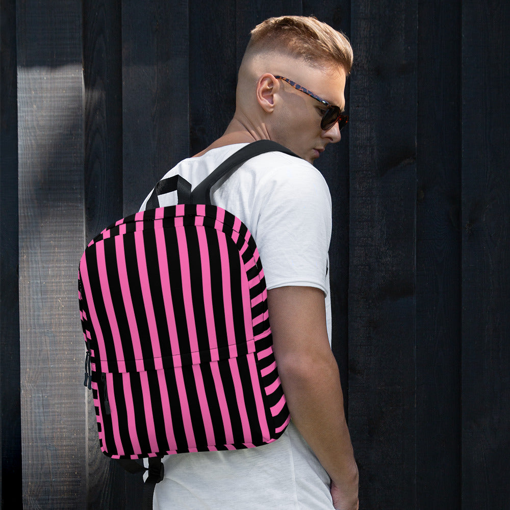 Pink & Black Vertical Striped Fashionable Women's Backpack
