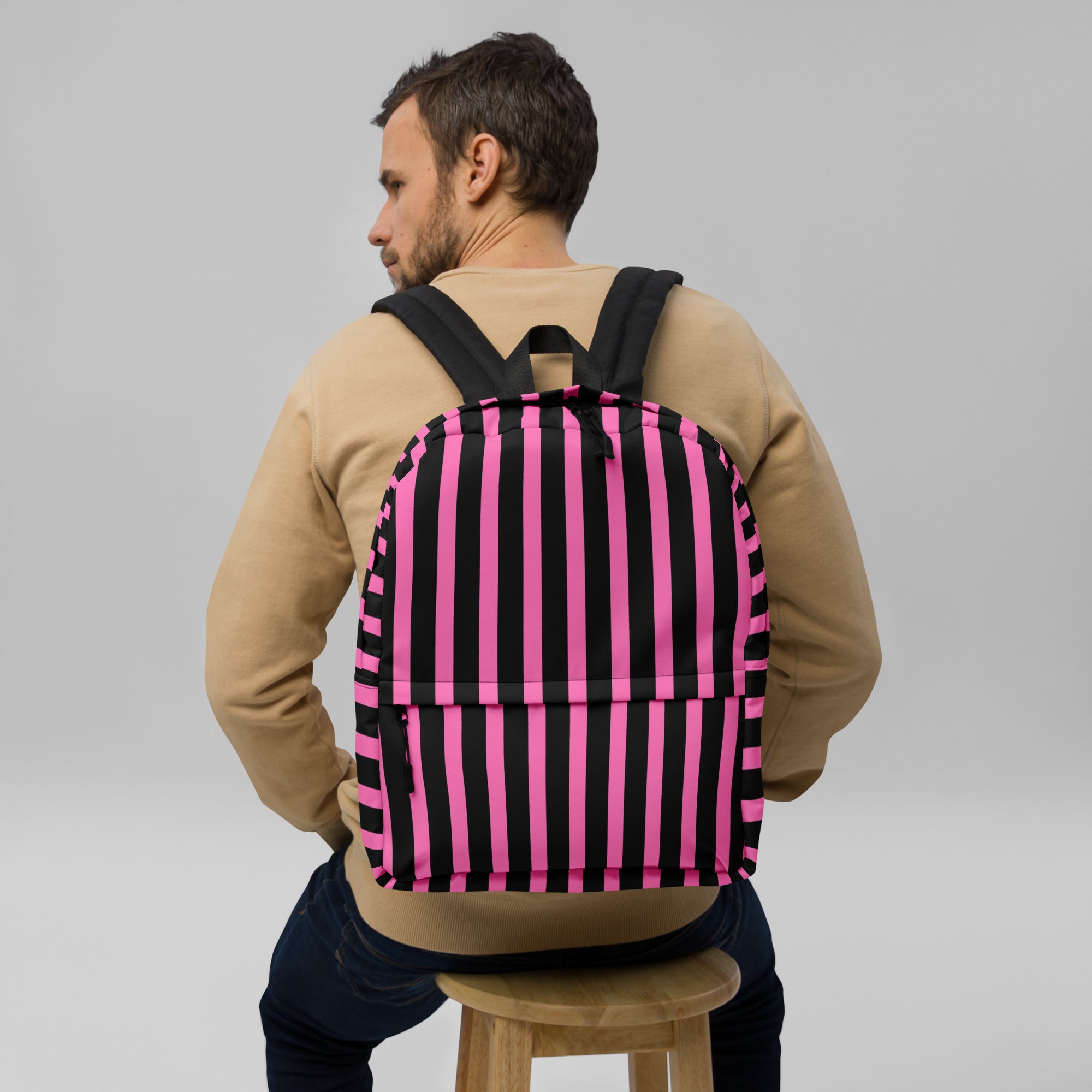 Pink & Black Vertical Striped Fashionable Women's Backpack