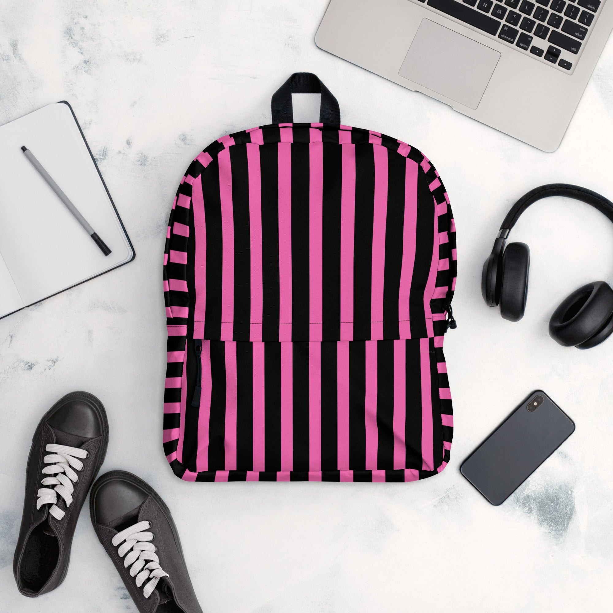 Pink & Black Vertical Striped Fashionable Women's Backpack