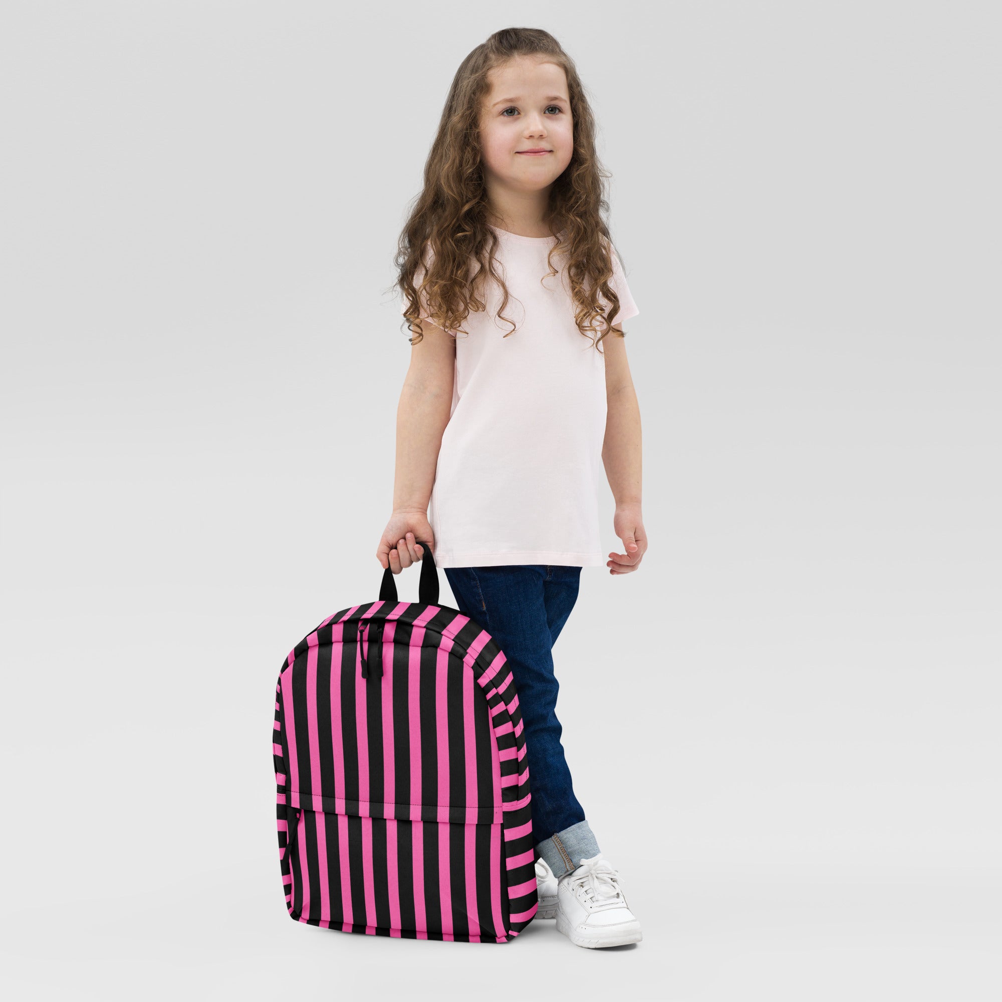 Pink & Black Vertical Striped Fashionable Women's Backpack