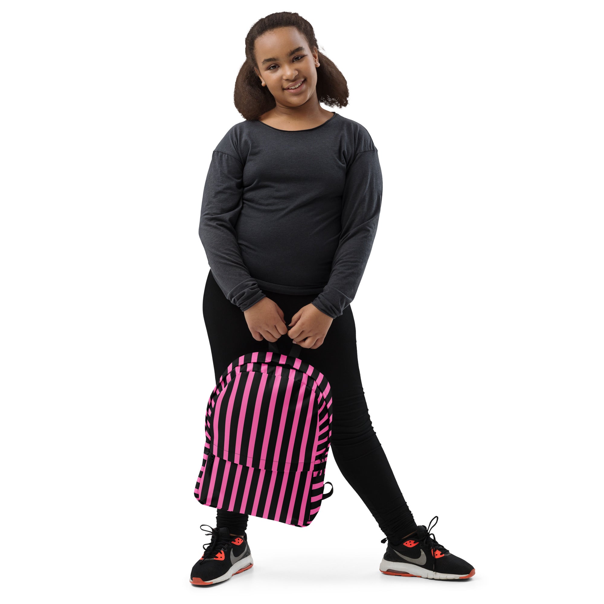 Pink & Black Vertical Striped Fashionable Women's Backpack