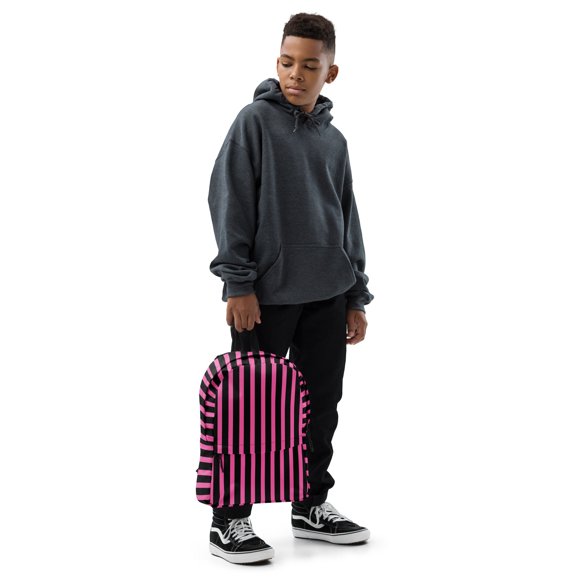 Pink & Black Vertical Striped Fashionable Women's Backpack
