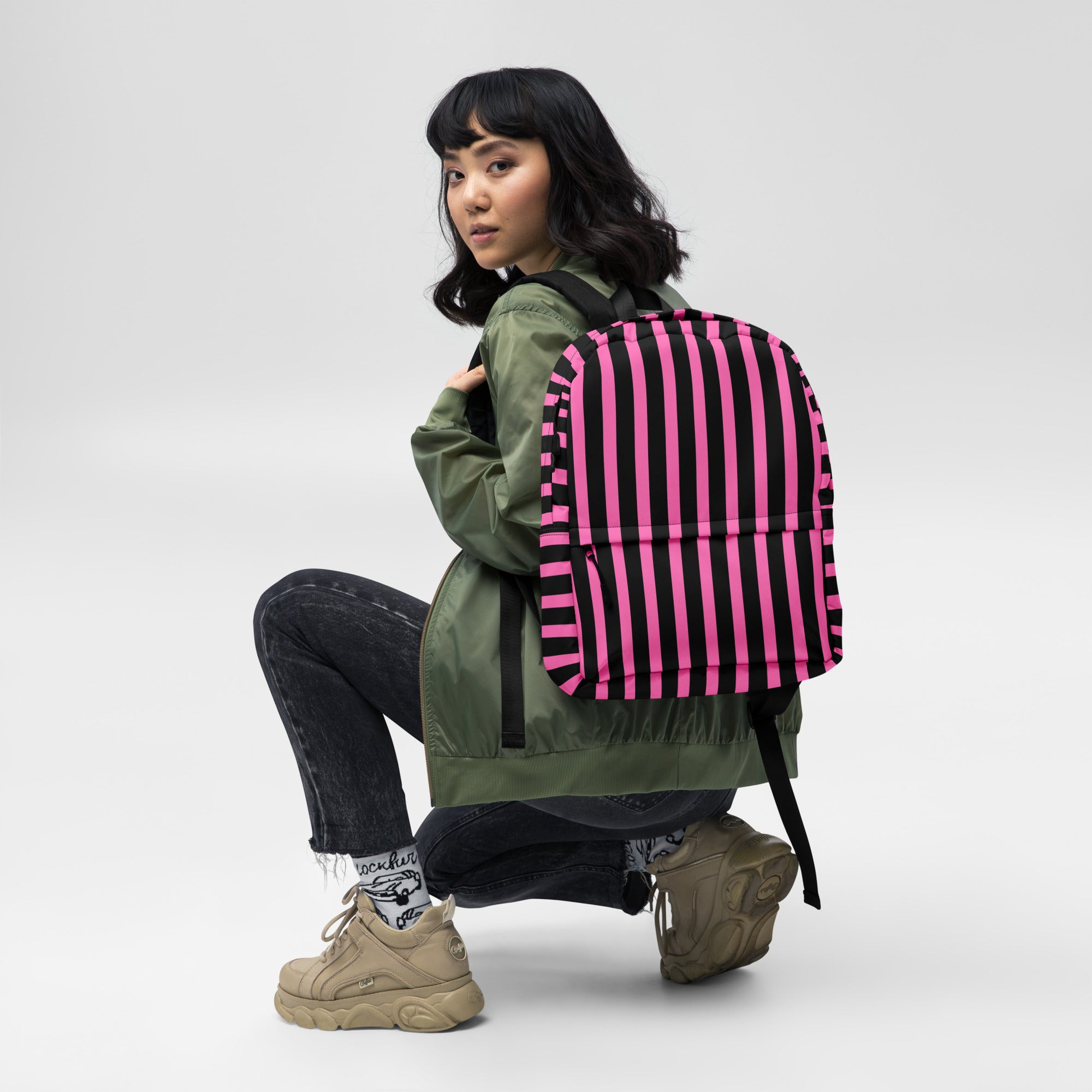 Pink & Black Vertical Striped Fashionable Women's Backpack