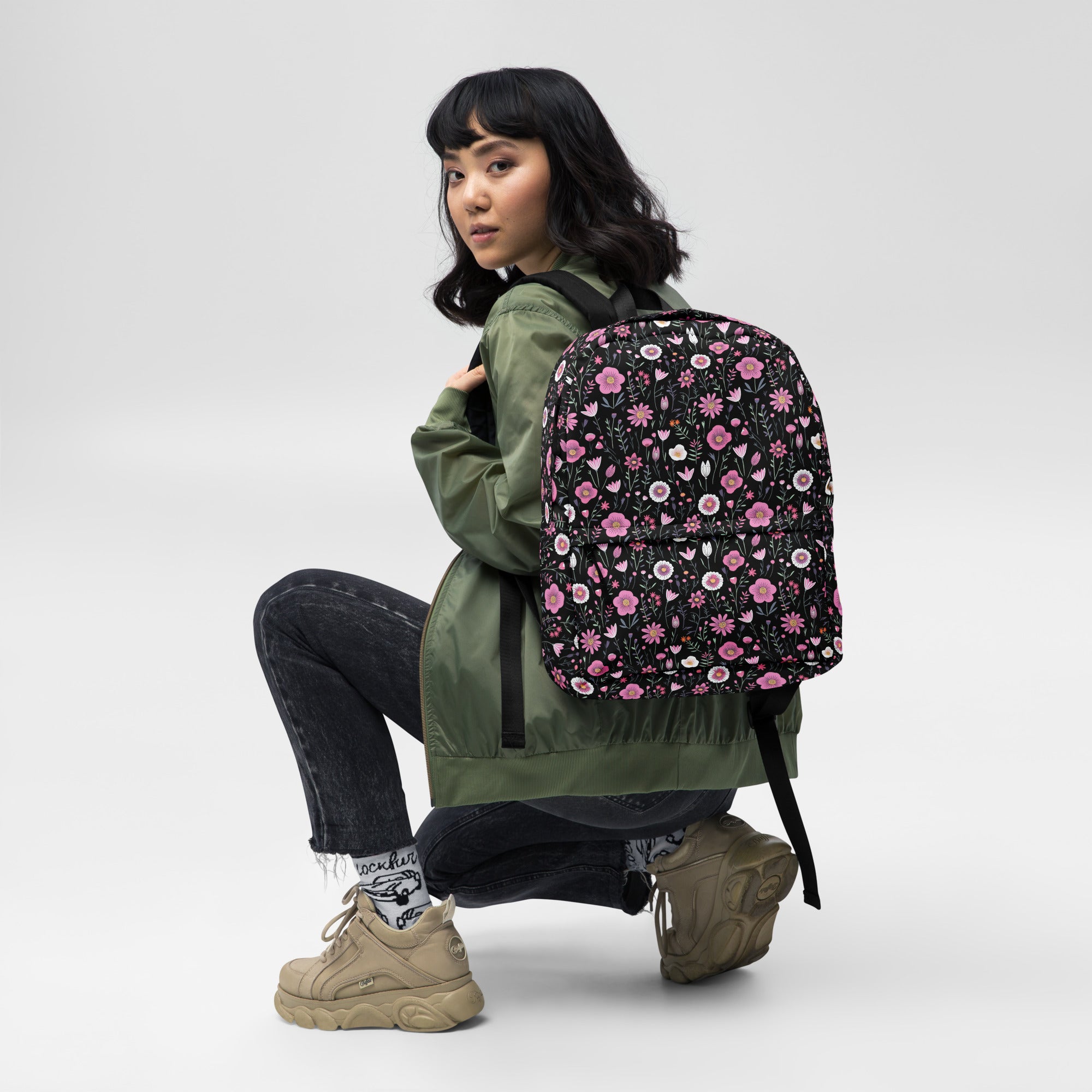 Black Floral Backpack for Laptops Books & School