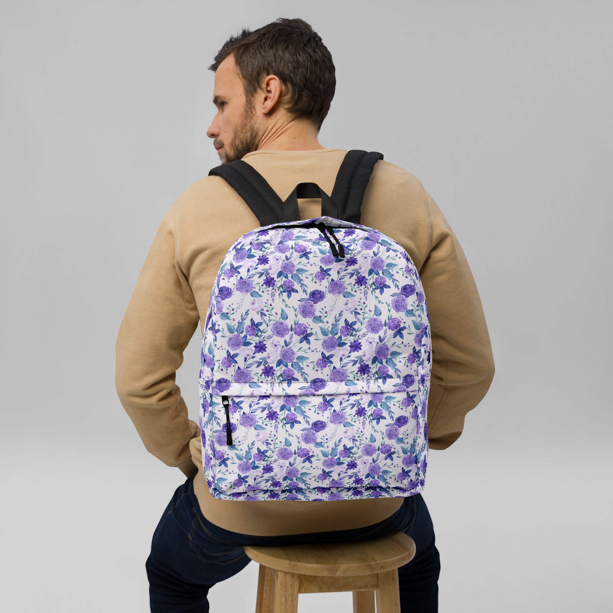 Preppy Purple Floral White Backpack for Women