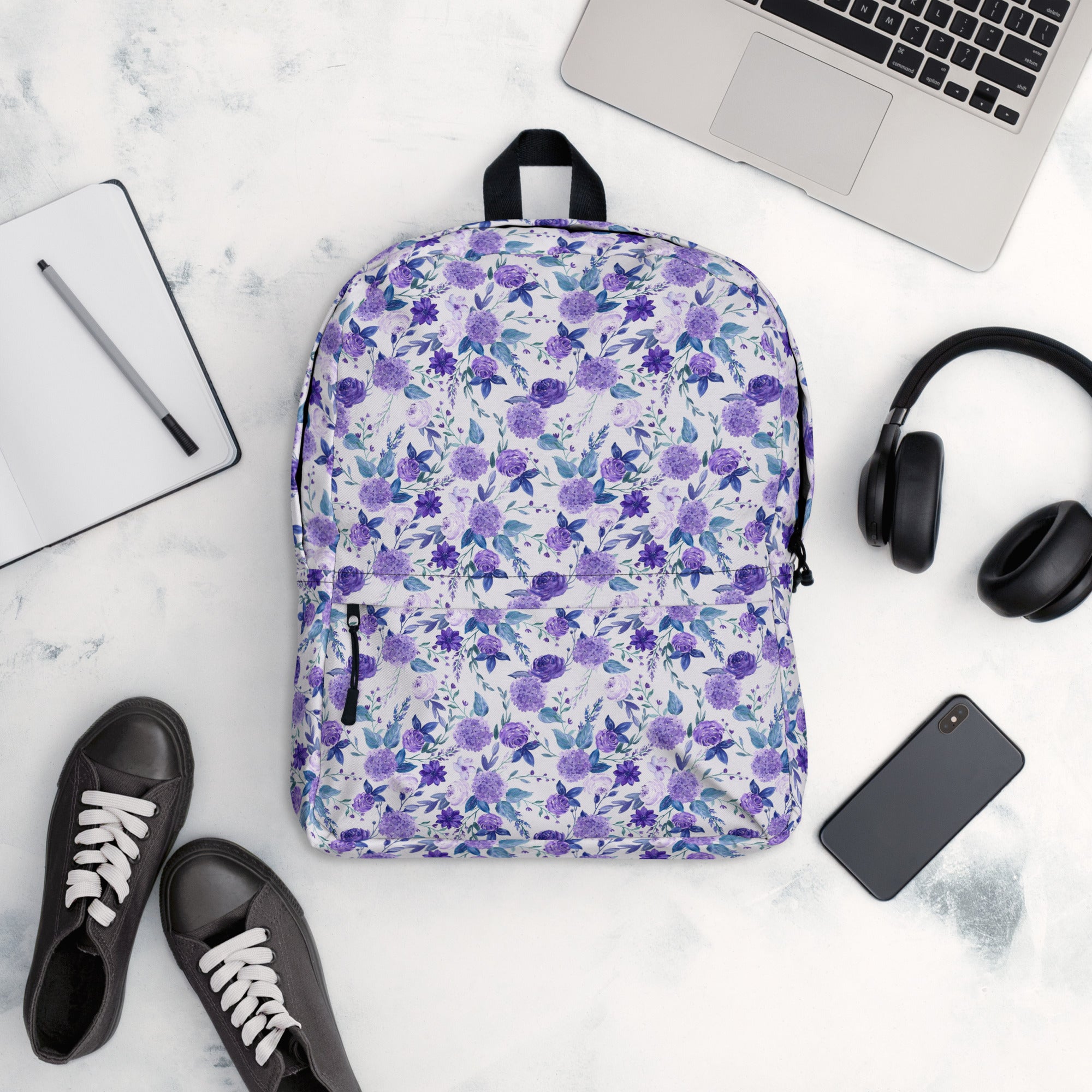 Preppy Purple Floral White Backpack for Women