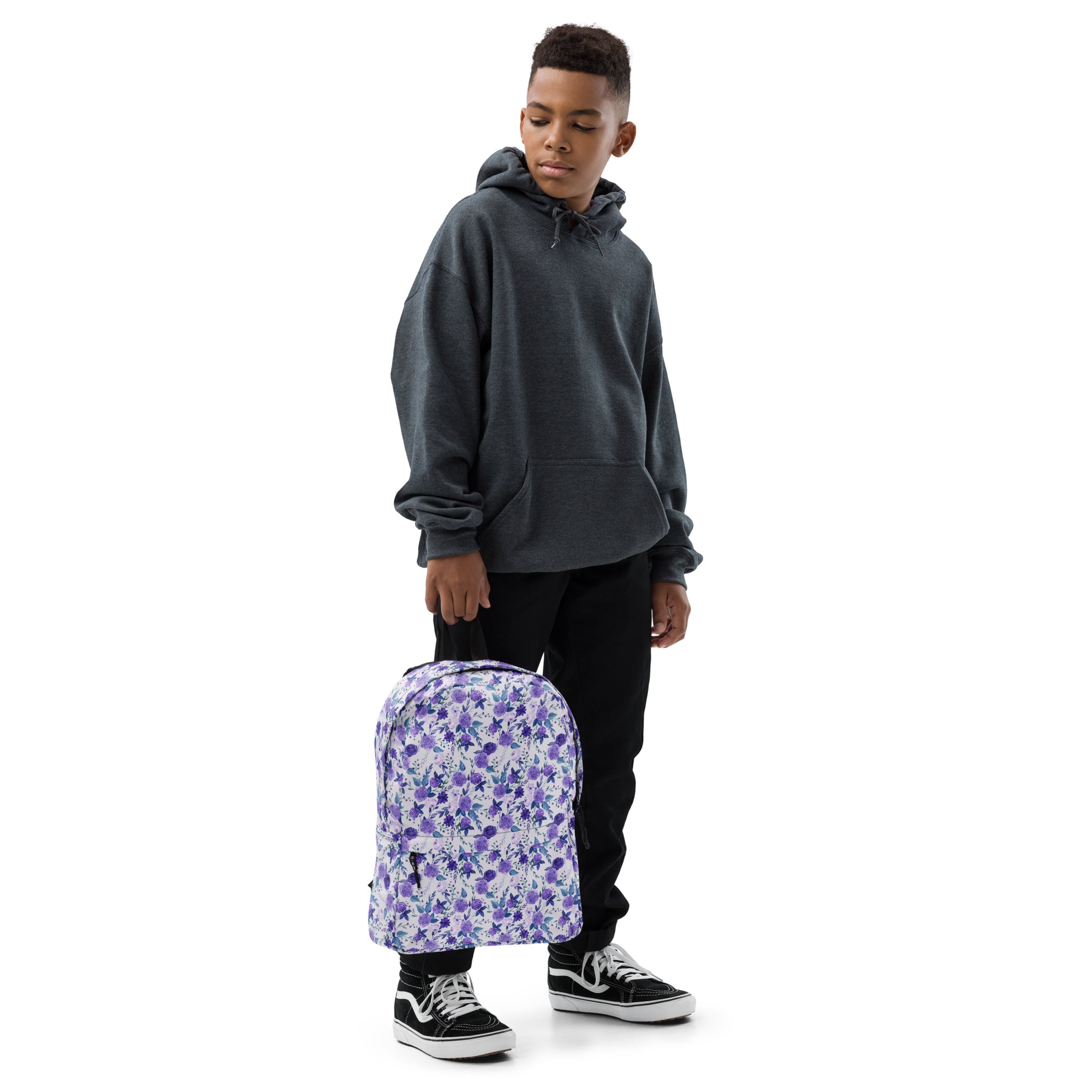 Preppy Purple Floral White Backpack for Women