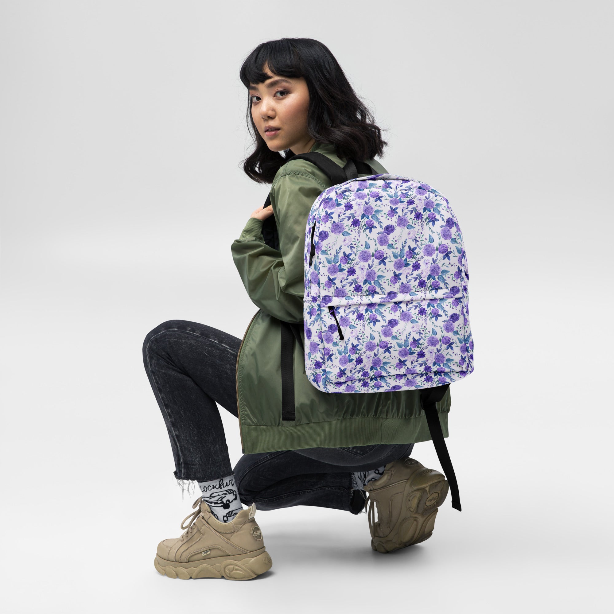 Preppy Purple Floral White Backpack for Women