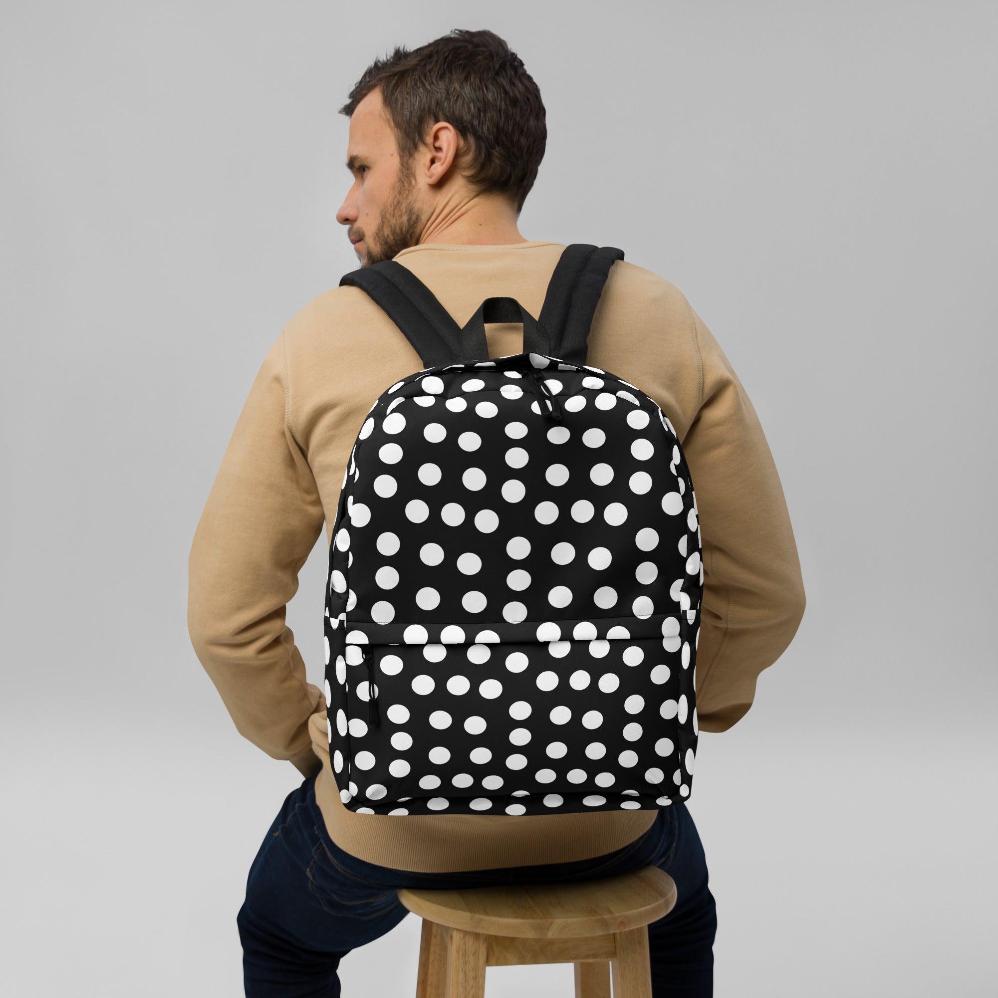 Vintage Preppy Style Black Backpack with White Polka dots