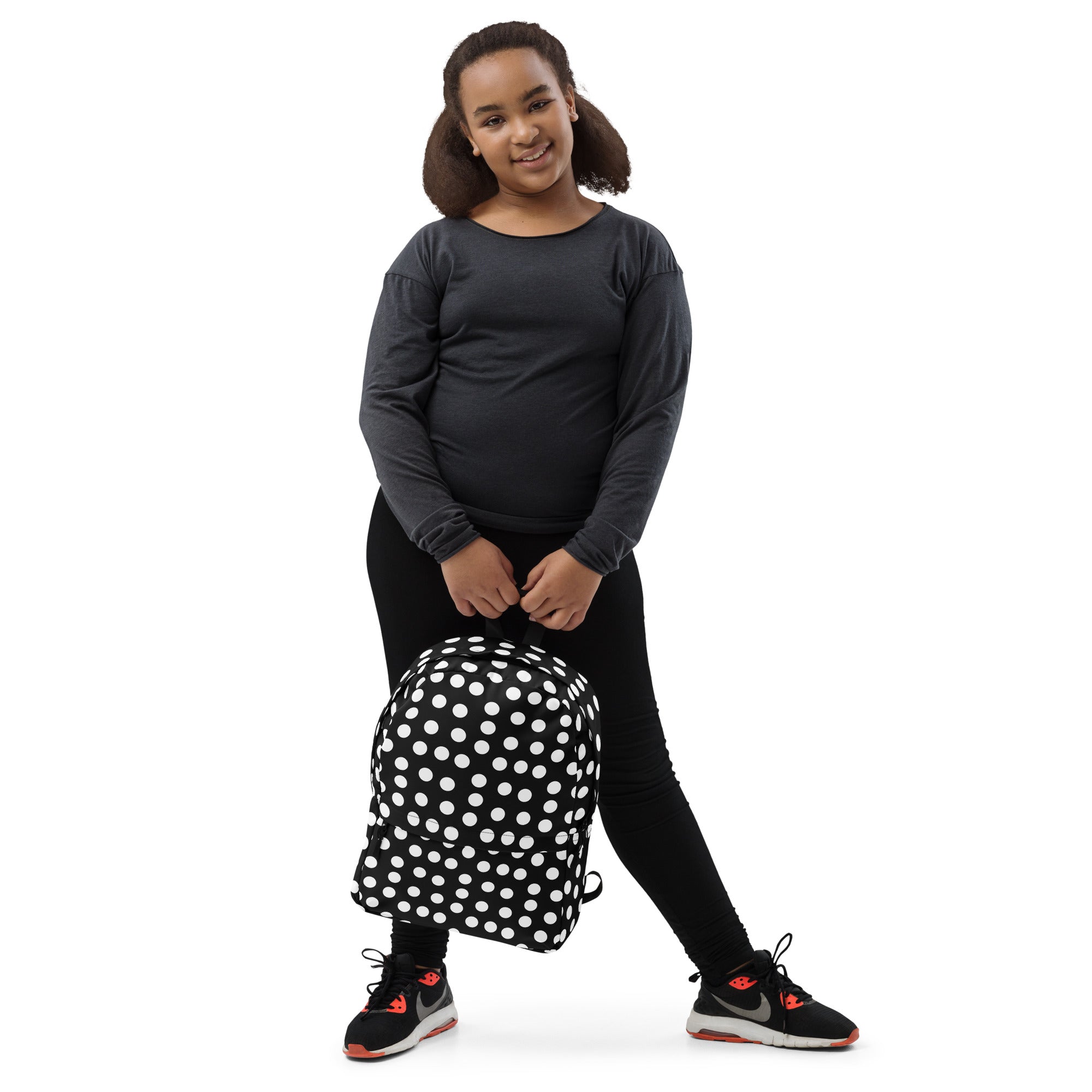 Vintage Preppy Style Black Backpack with White Polka dots