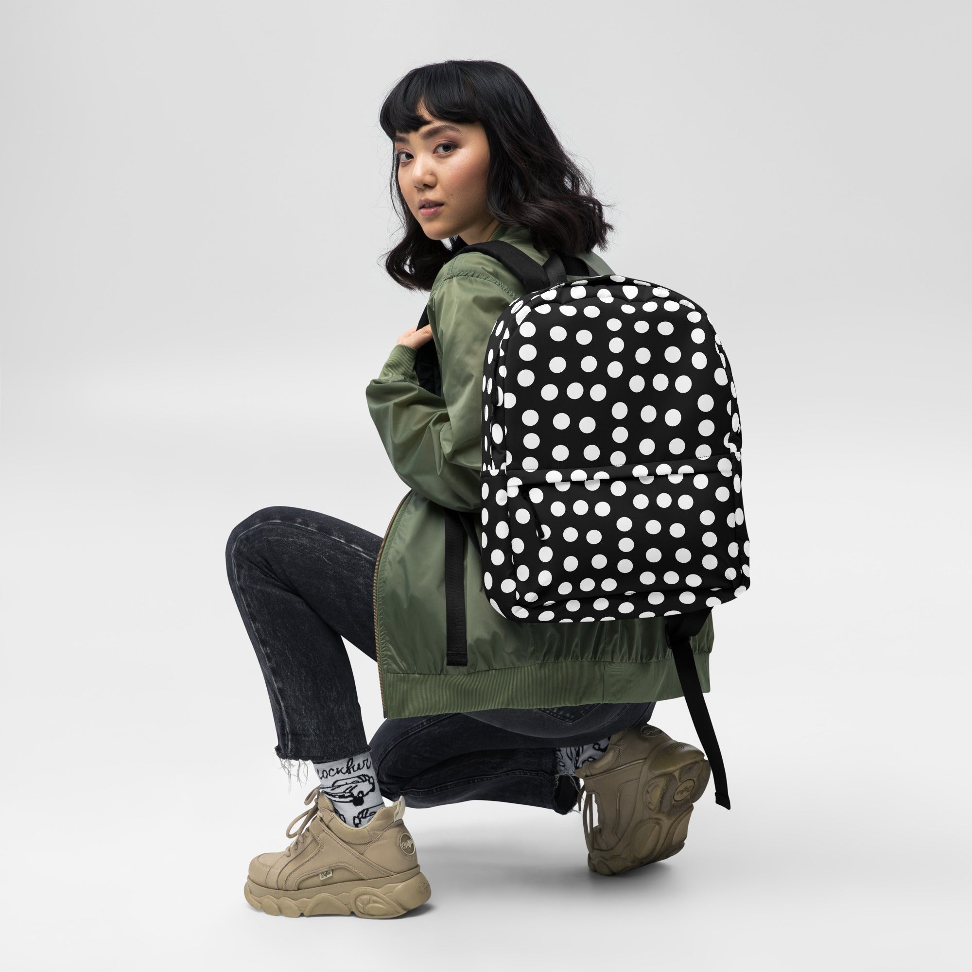 Vintage Preppy Style Black Backpack with White Polka dots