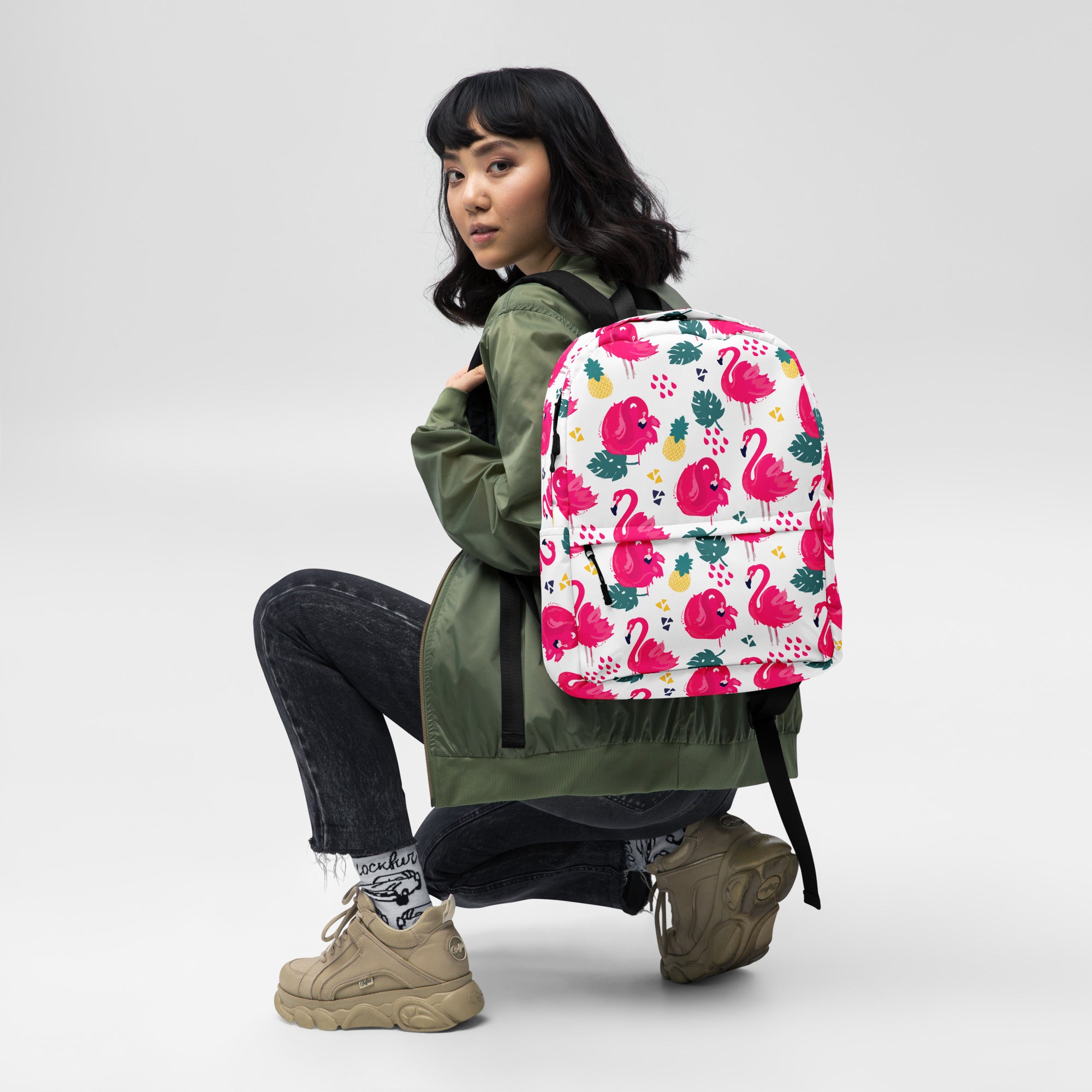 Preppy Pink Southern Flamingo Print Summer Beach Backpack