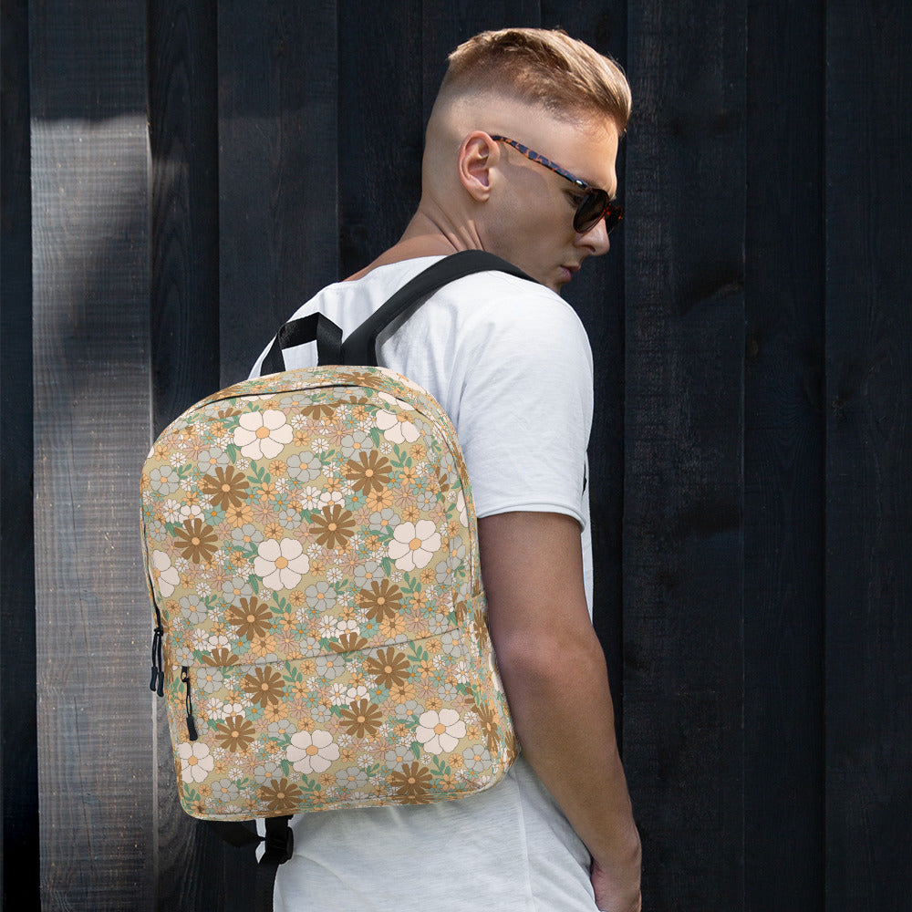 Aesthetic Groovy Brown Fall Flower Pattern Backpack
