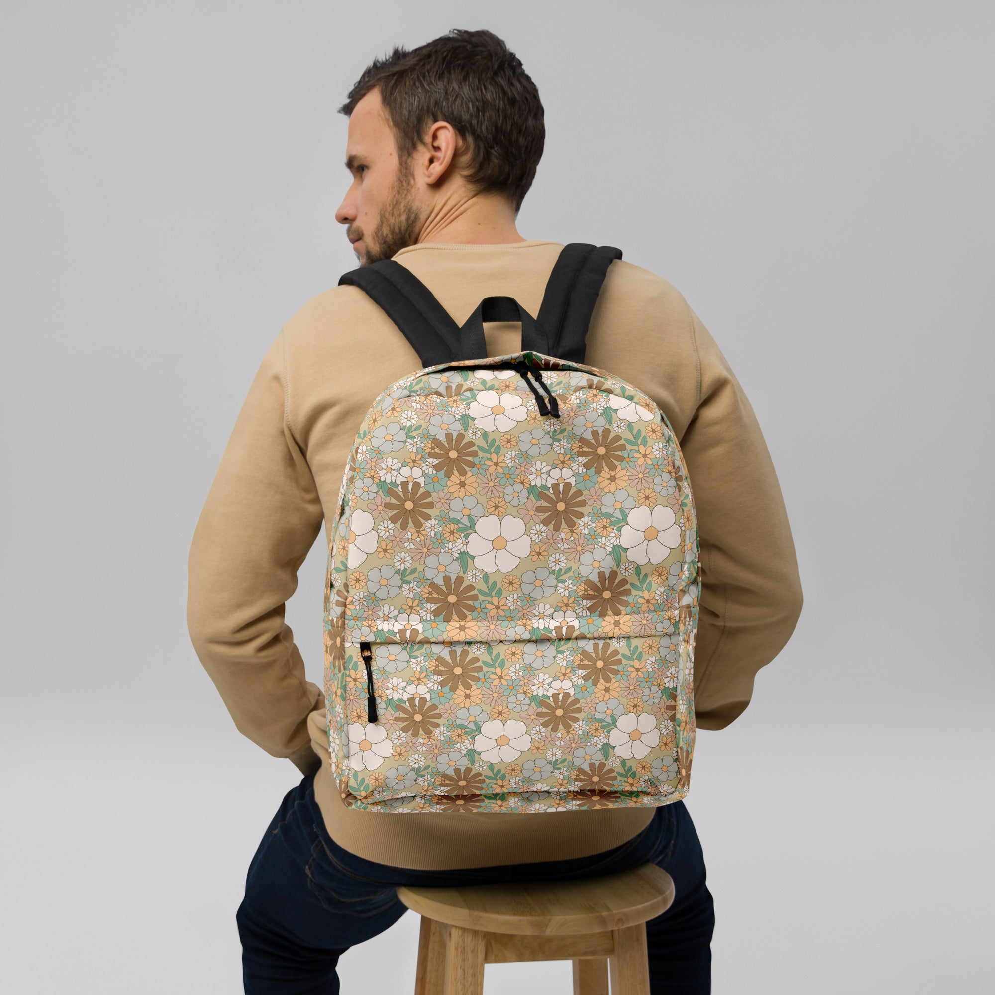 Aesthetic Groovy Brown Fall Flower Pattern Backpack