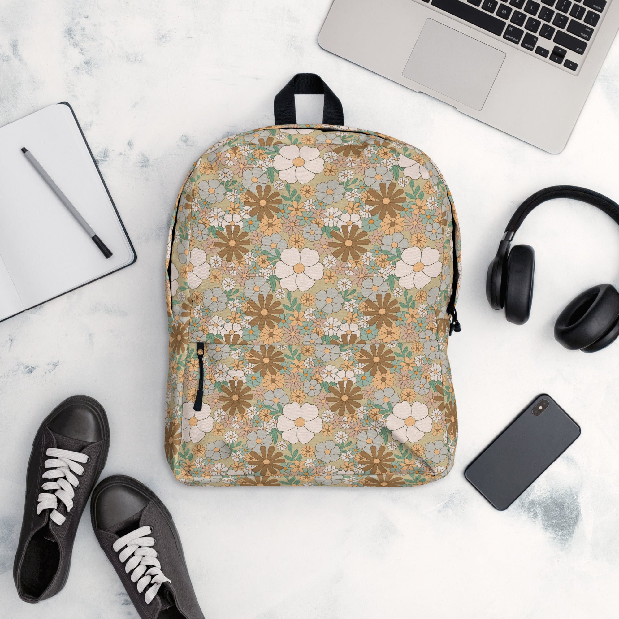 Aesthetic Groovy Brown Fall Flower Pattern Backpack