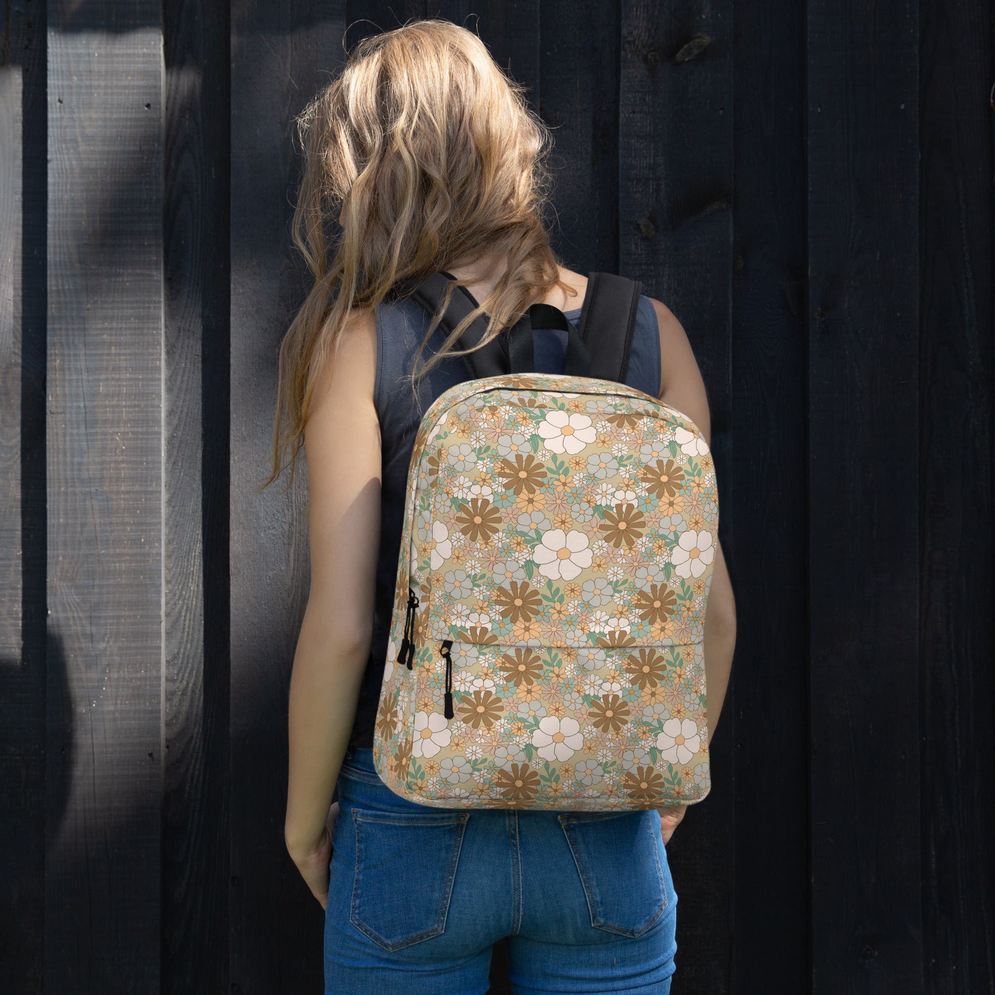 Aesthetic Groovy Brown Fall Flower Pattern Backpack