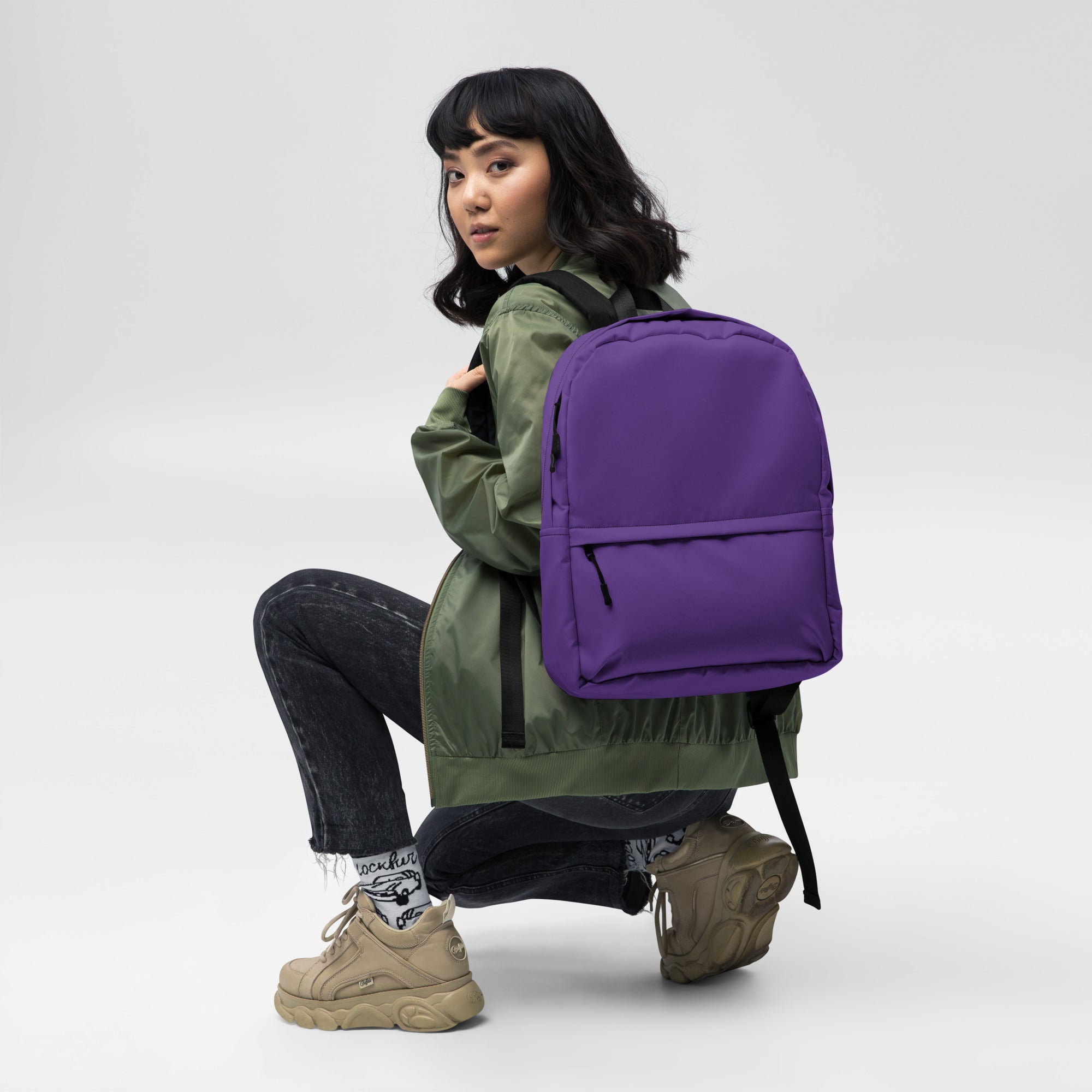 Preppy Plain Dark Plum Purple Color Medium Size Backpack