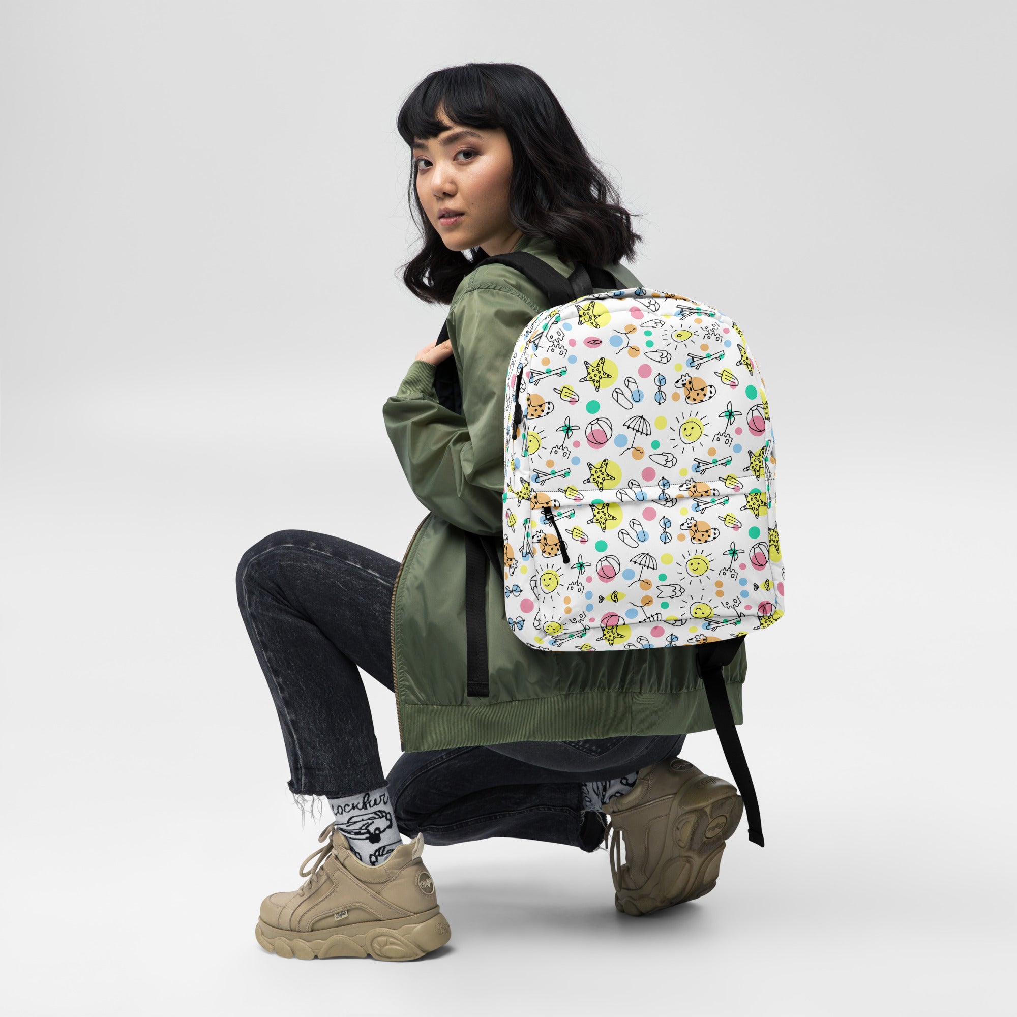 Cute Summer Handmade Doodle Print Beach Backpack Bag
