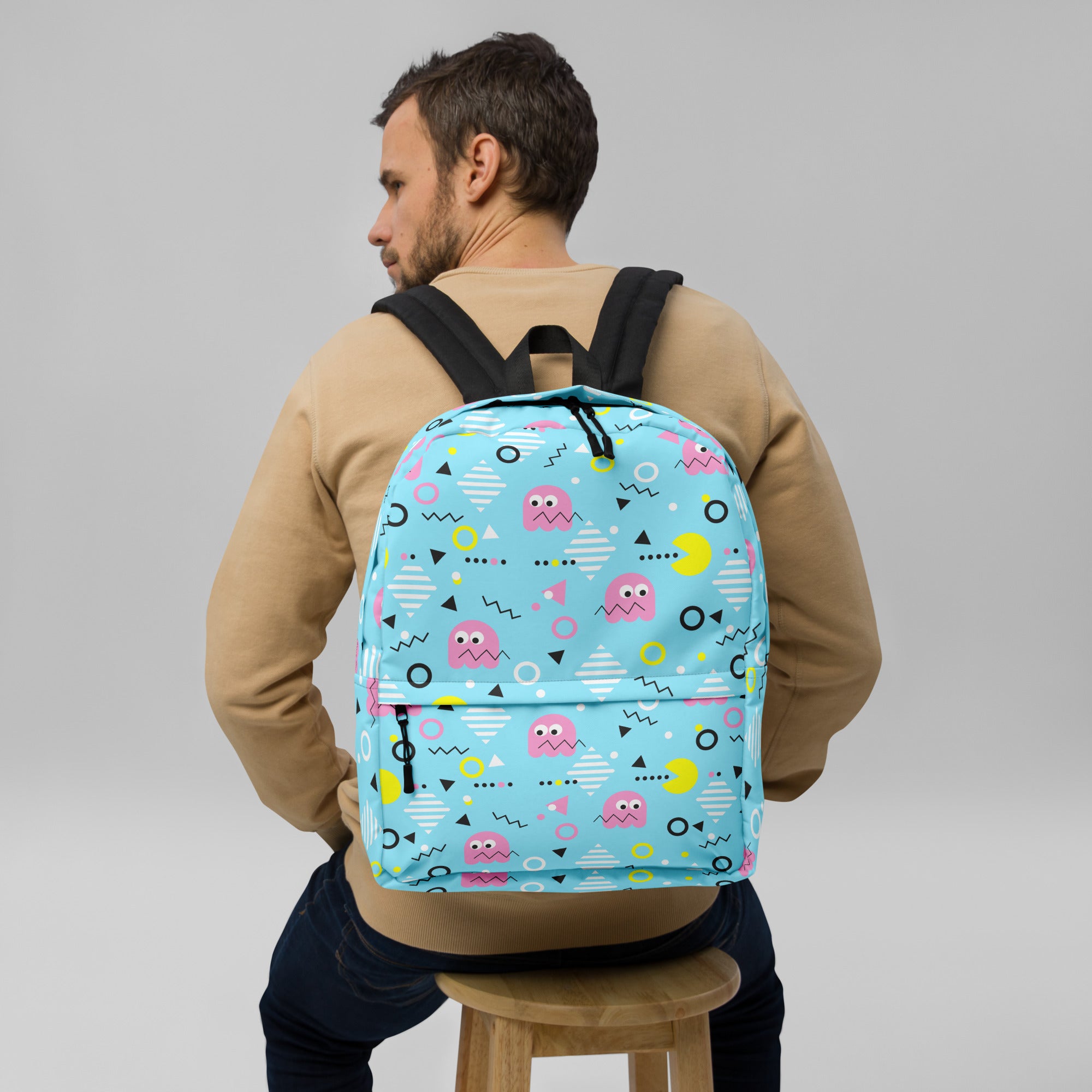 Preppy Vintage Blue Pacman & Ghosts Inspired Print Backpack