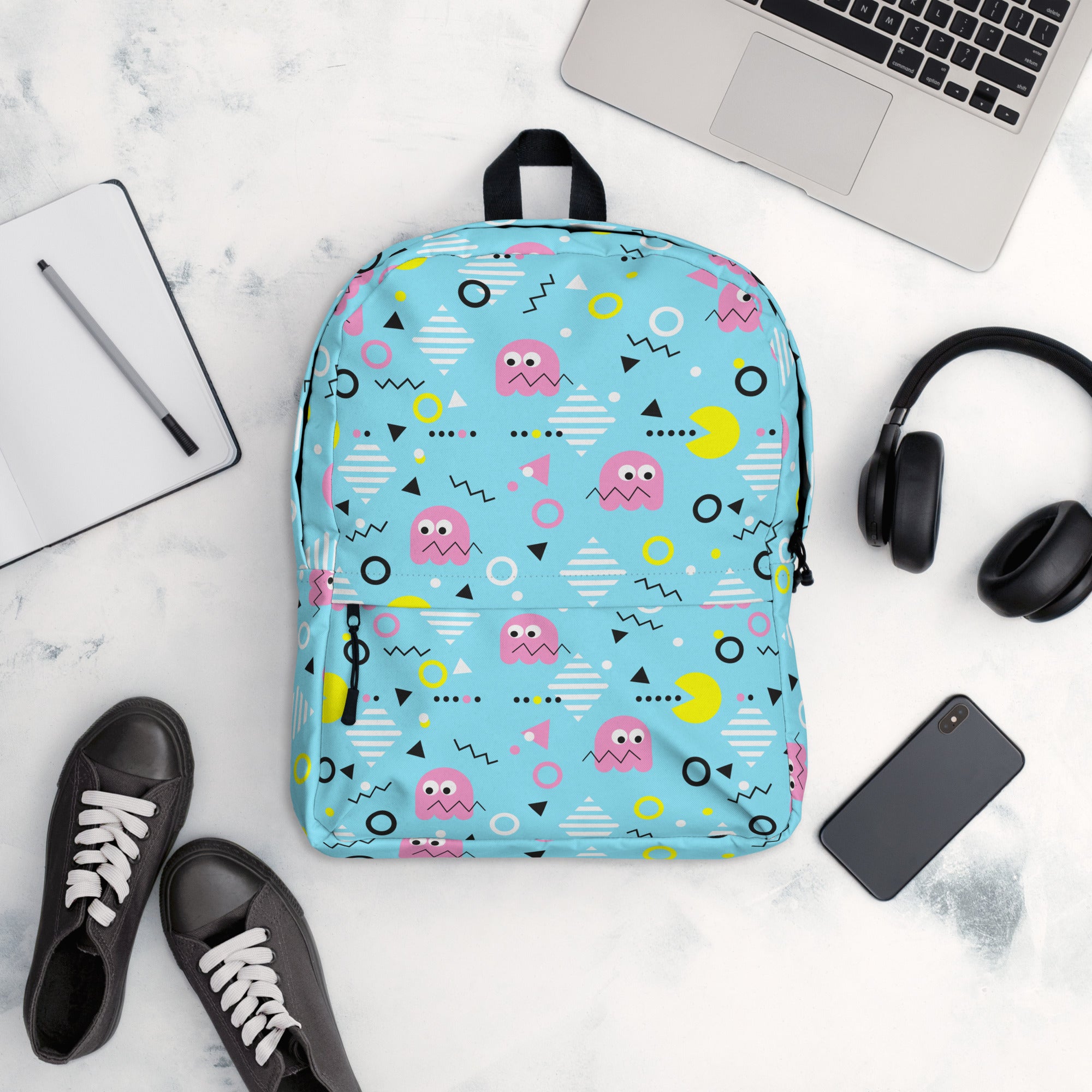 Preppy Vintage Blue Pacman & Ghosts Inspired Print Backpack