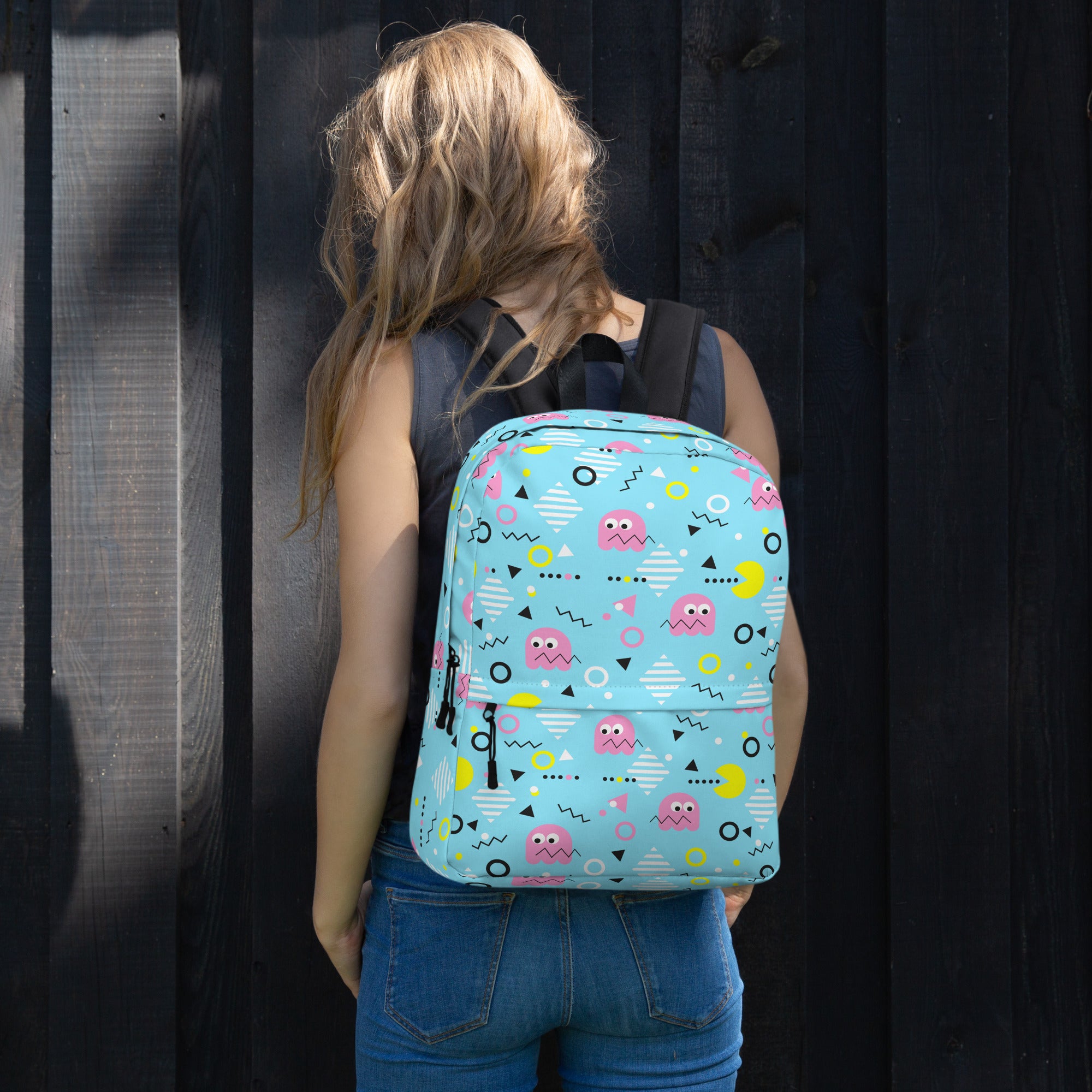 Preppy Vintage Blue Pacman & Ghosts Inspired Print Backpack