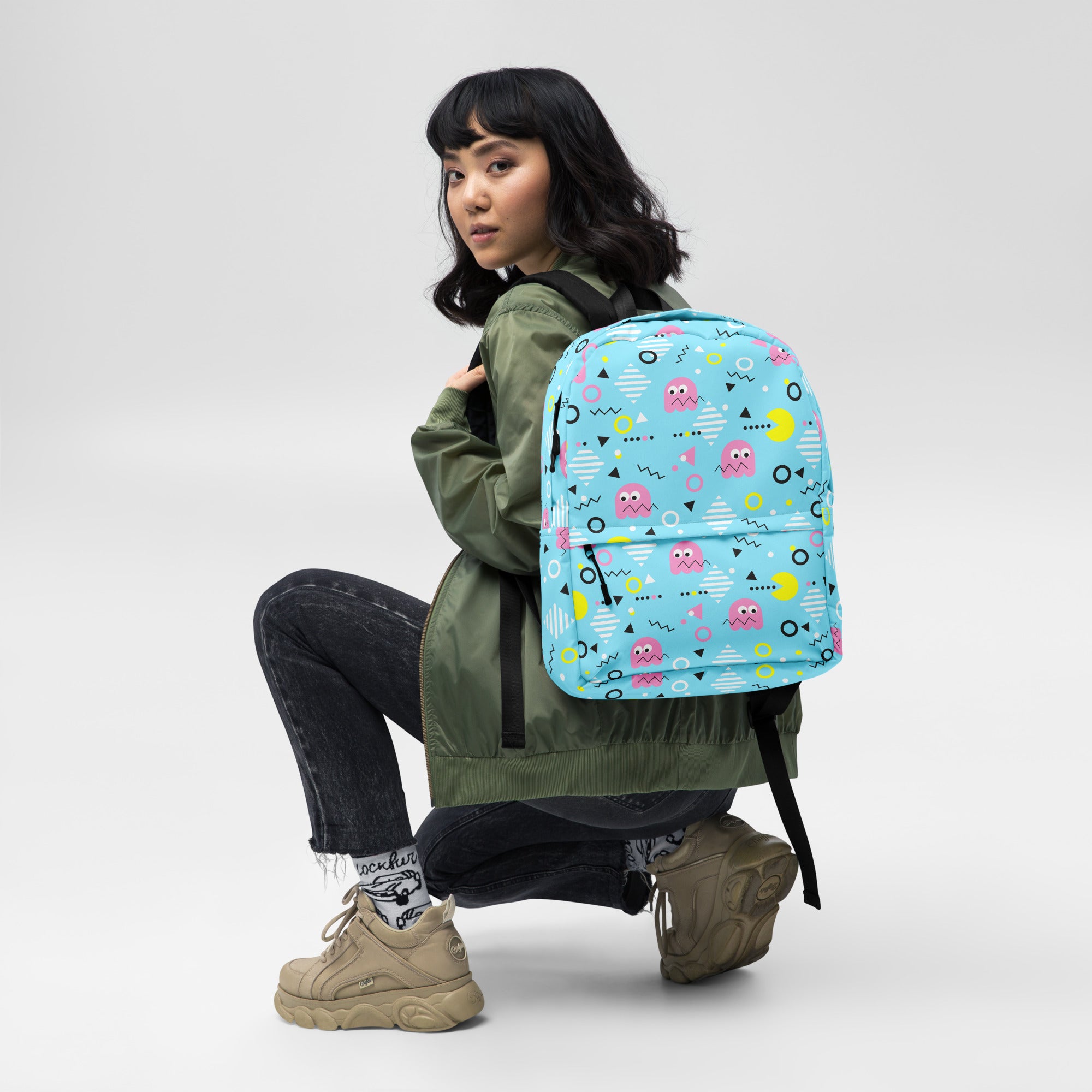 Preppy Vintage Blue Pacman & Ghosts Inspired Print Backpack