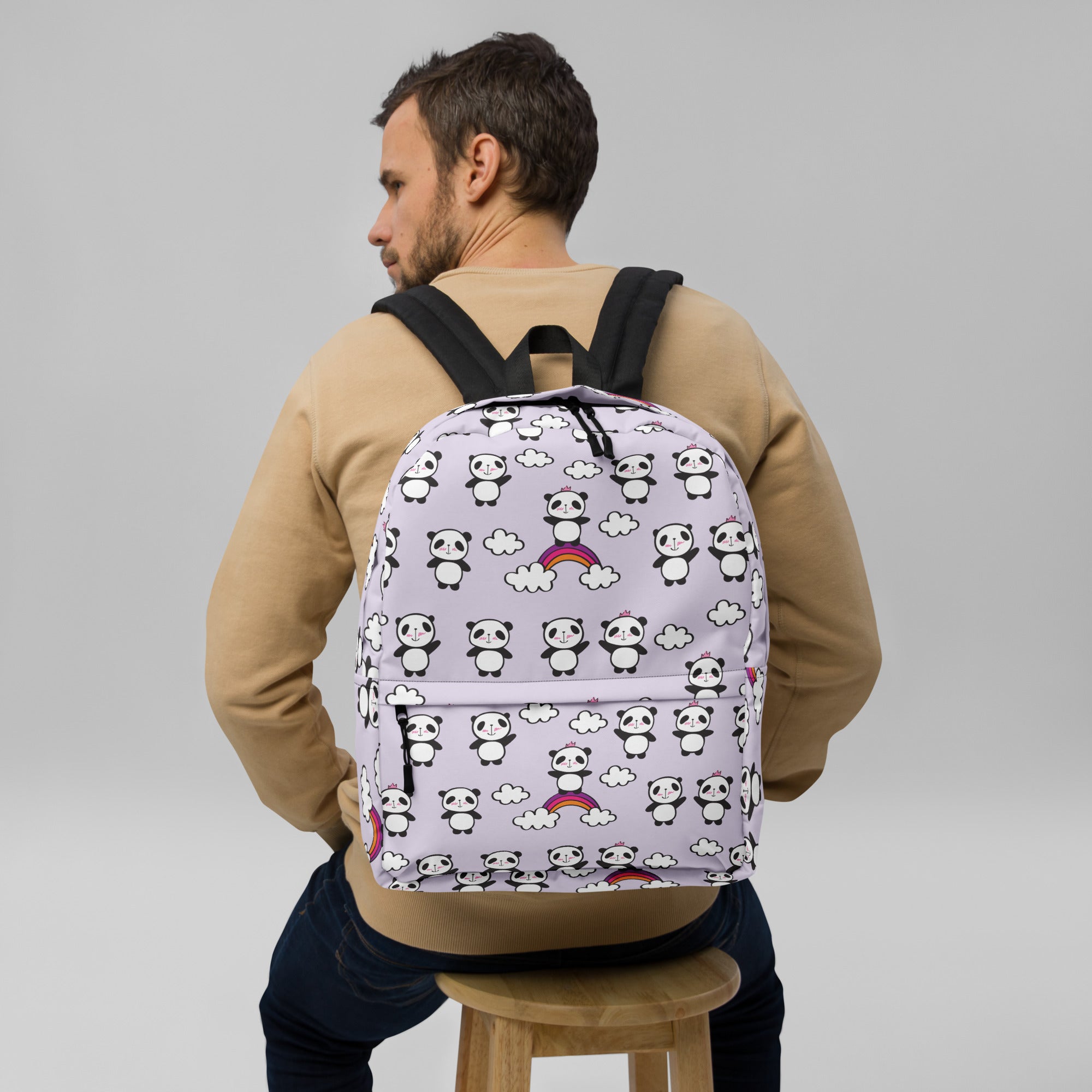 Preppy Purple Cute Little Pandas Print Medium Size Backpack Bag
