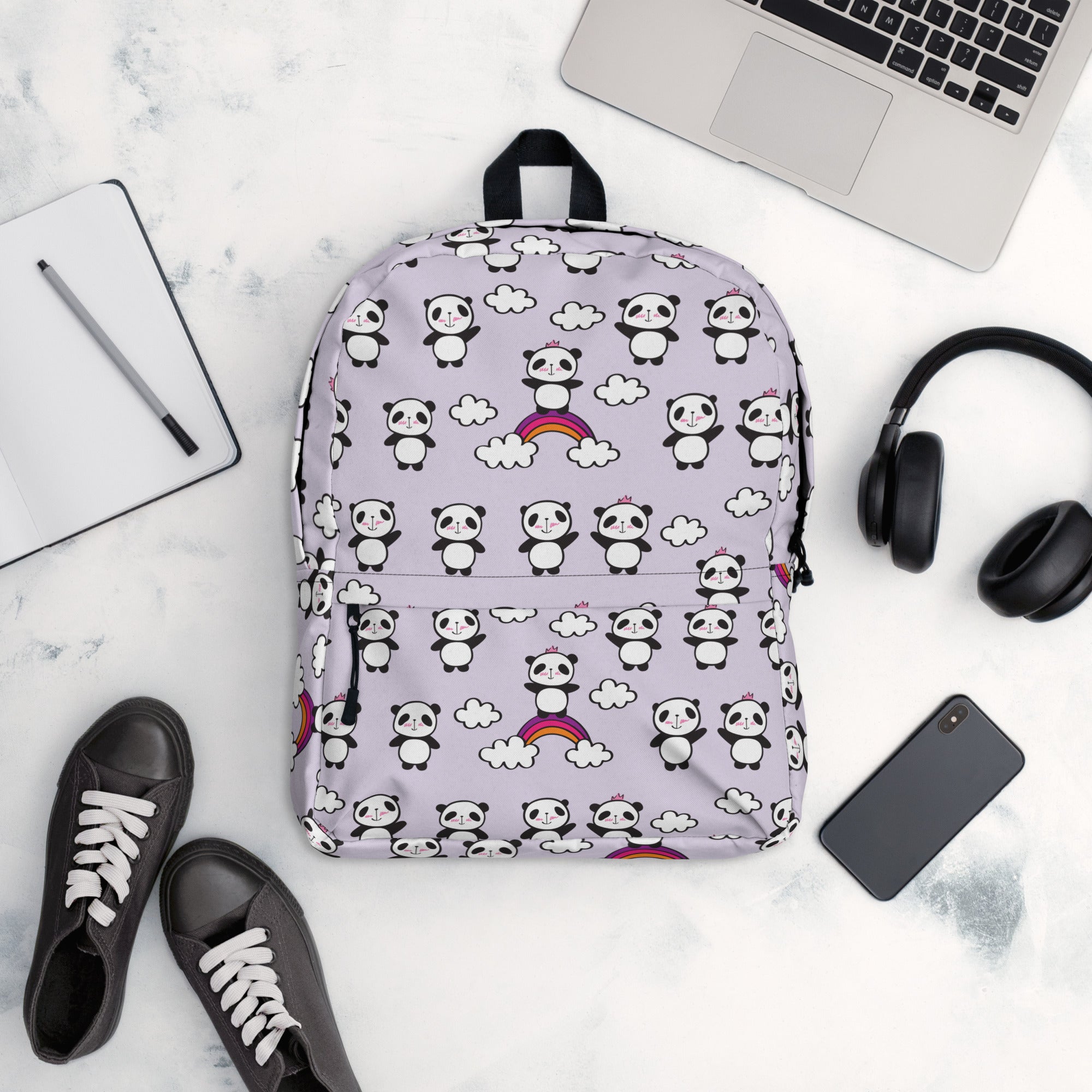 Preppy Purple Cute Little Pandas Print Medium Size Backpack Bag