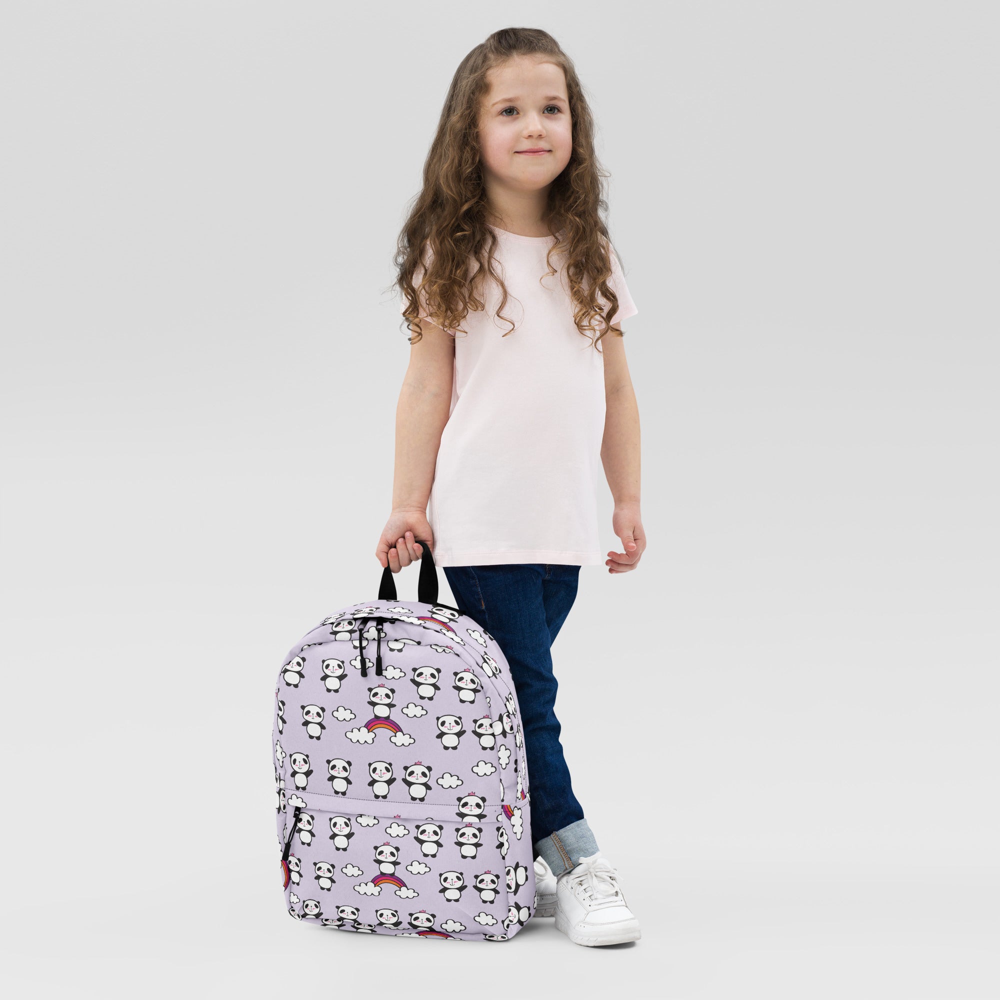 Preppy Purple Cute Little Pandas Print Medium Size Backpack Bag