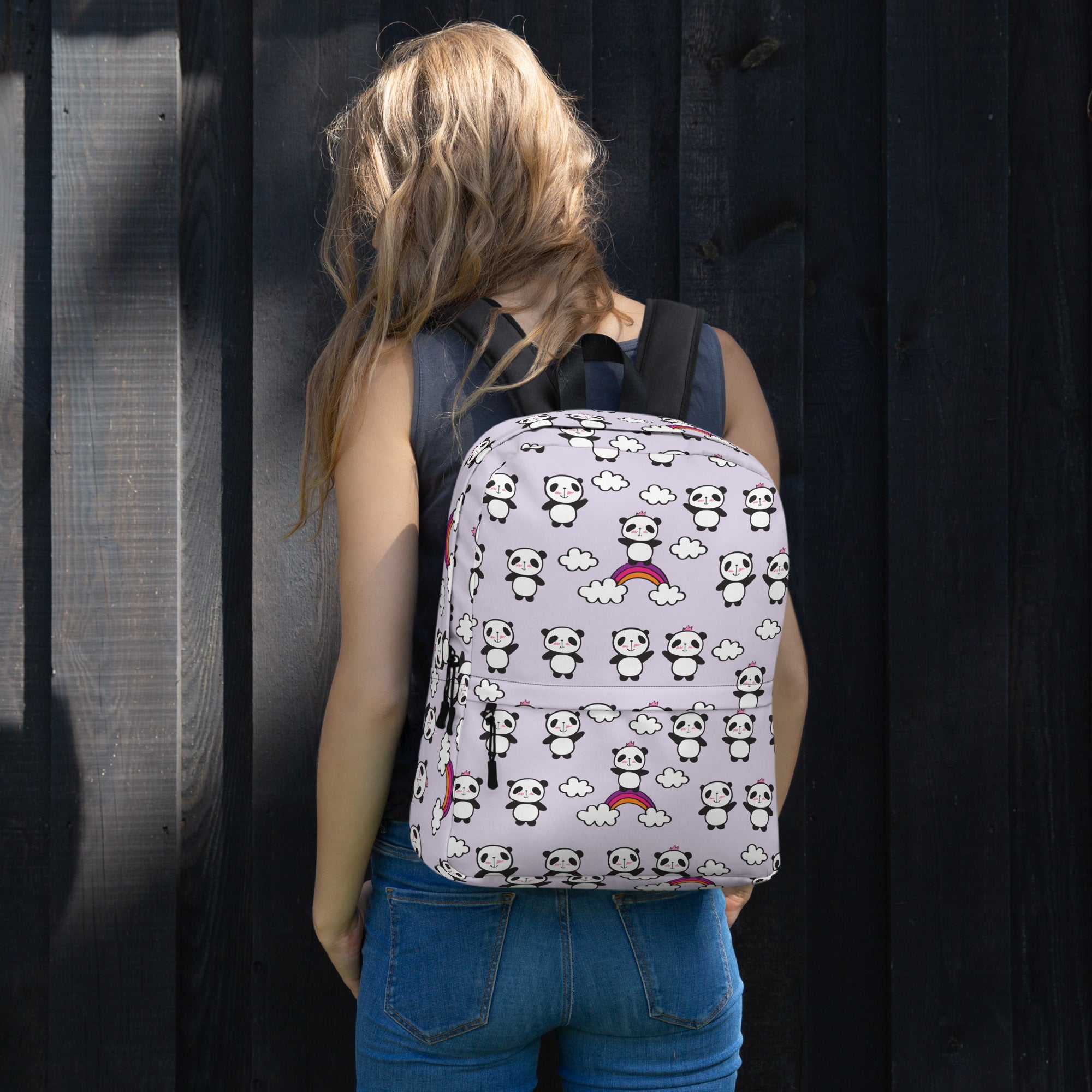 Preppy Purple Cute Little Pandas Print Medium Size Backpack Bag