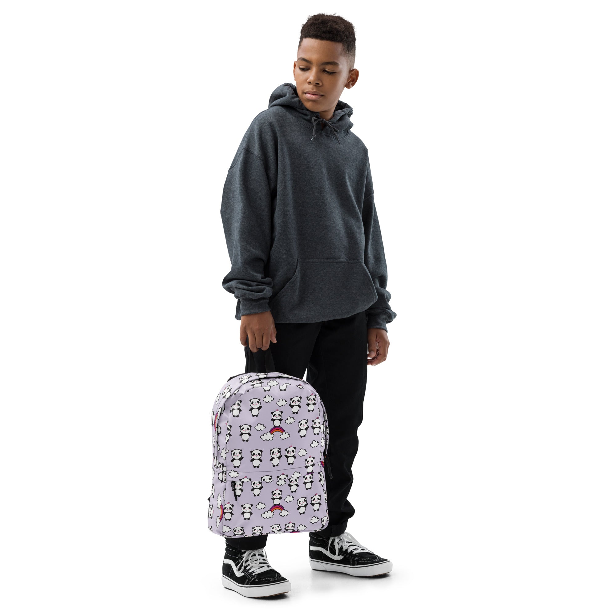 Preppy Purple Cute Little Pandas Print Medium Size Backpack Bag
