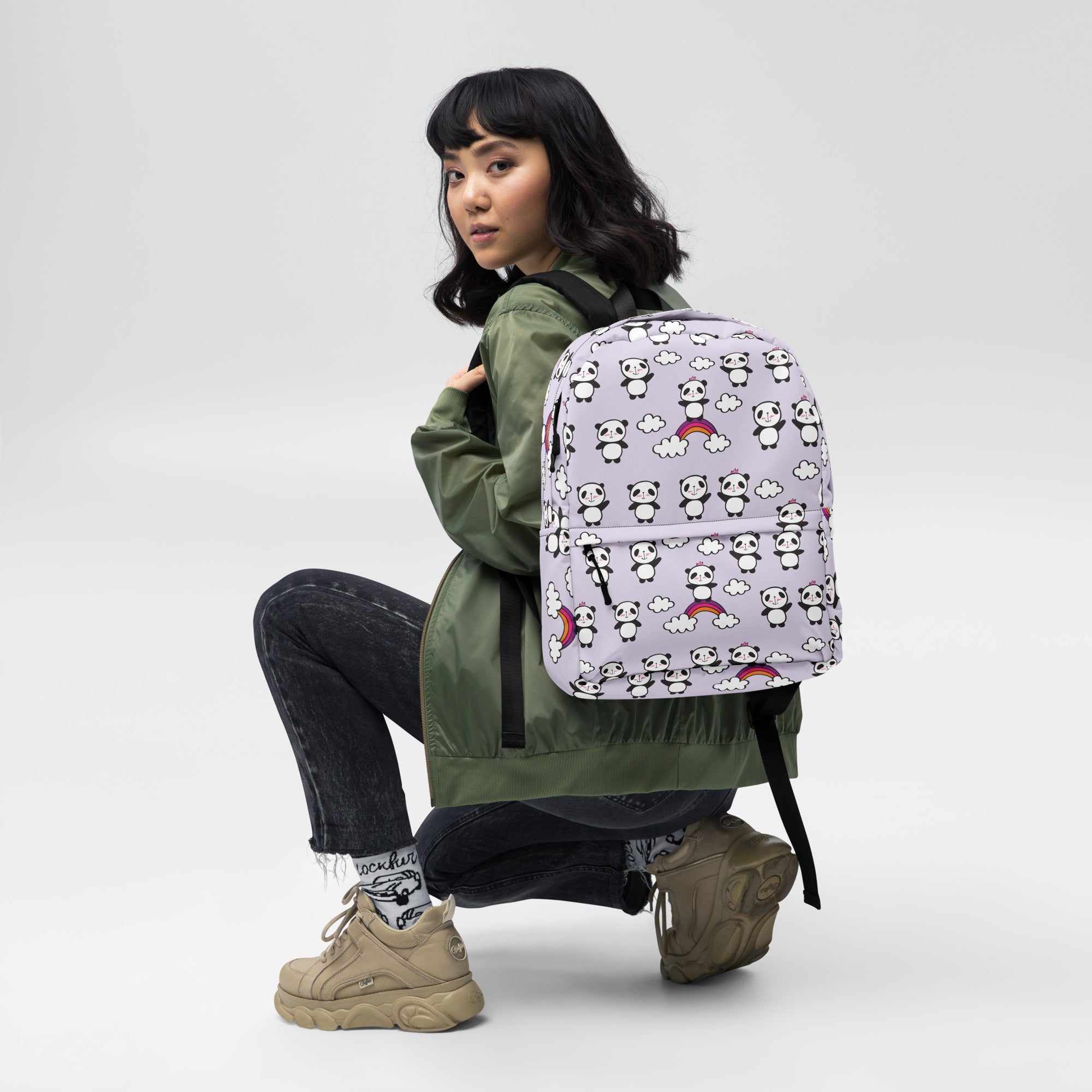 Preppy Purple Cute Little Pandas Print Medium Size Backpack Bag