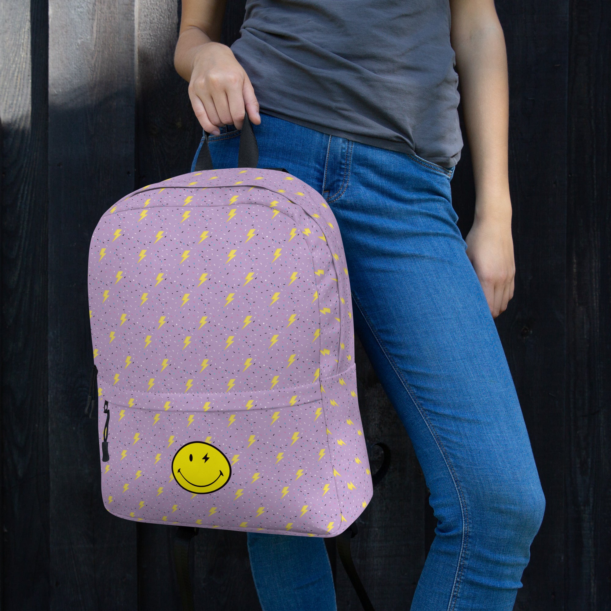 Preppy Smiley Face Lightning Bolts Purple Backpack