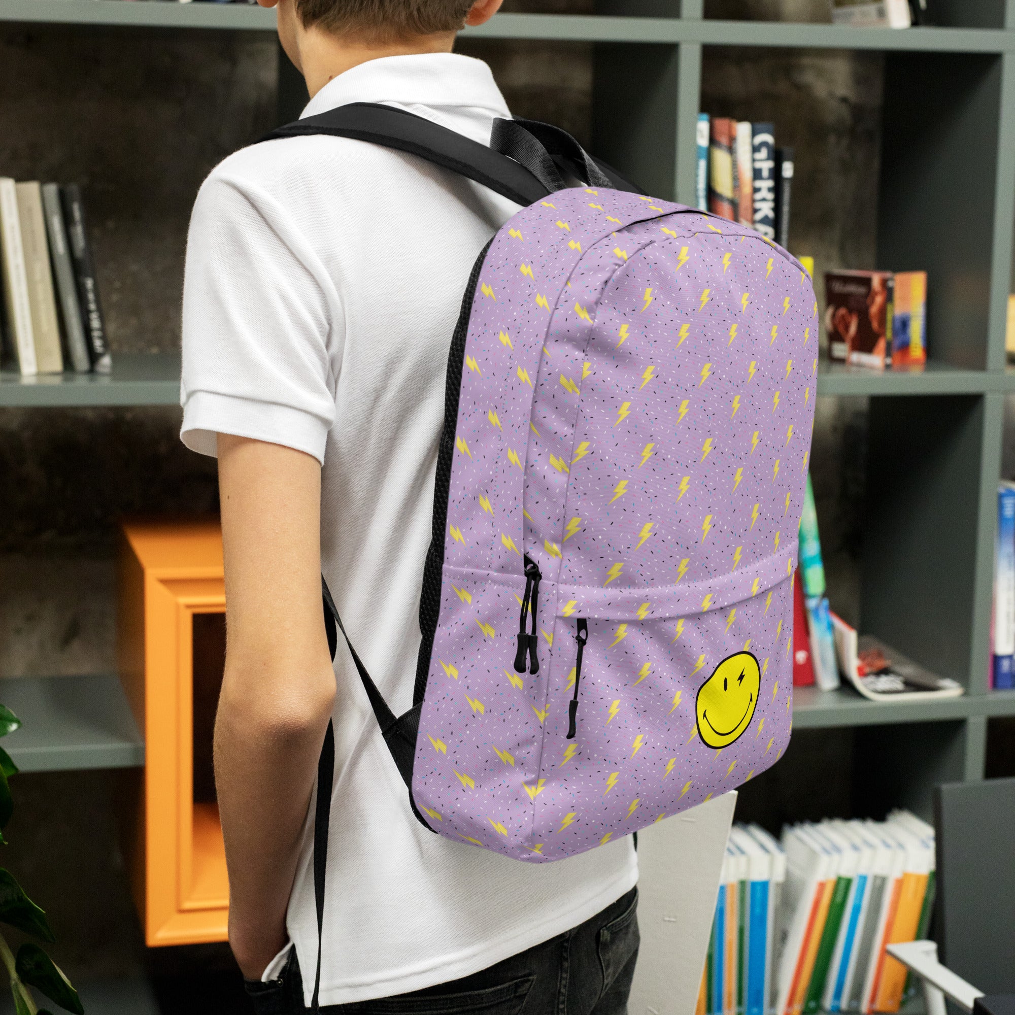 Preppy Smiley Face Lightning Bolts Purple Backpack