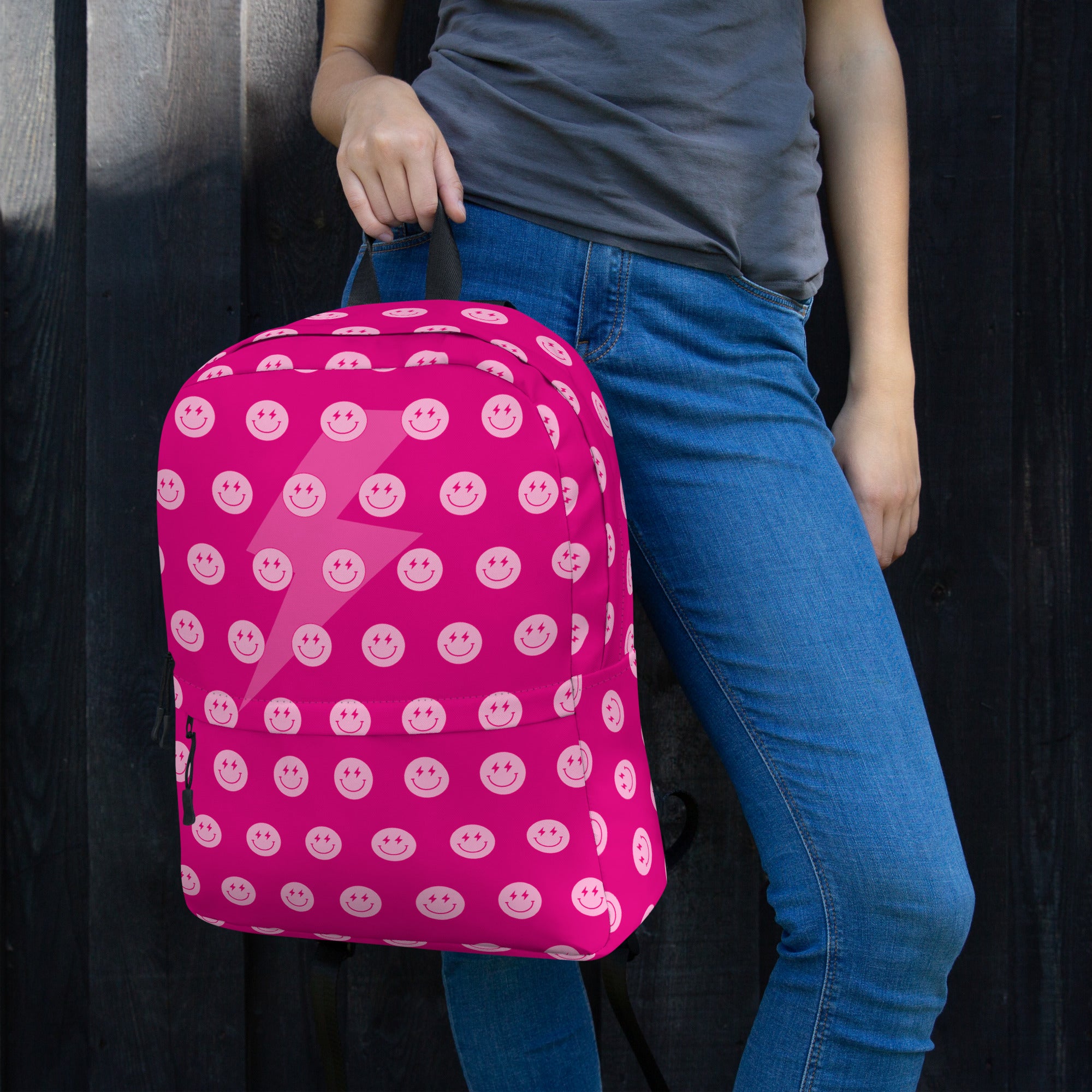 Preppy Pink Smiley Face Lightning Bolt Backpack