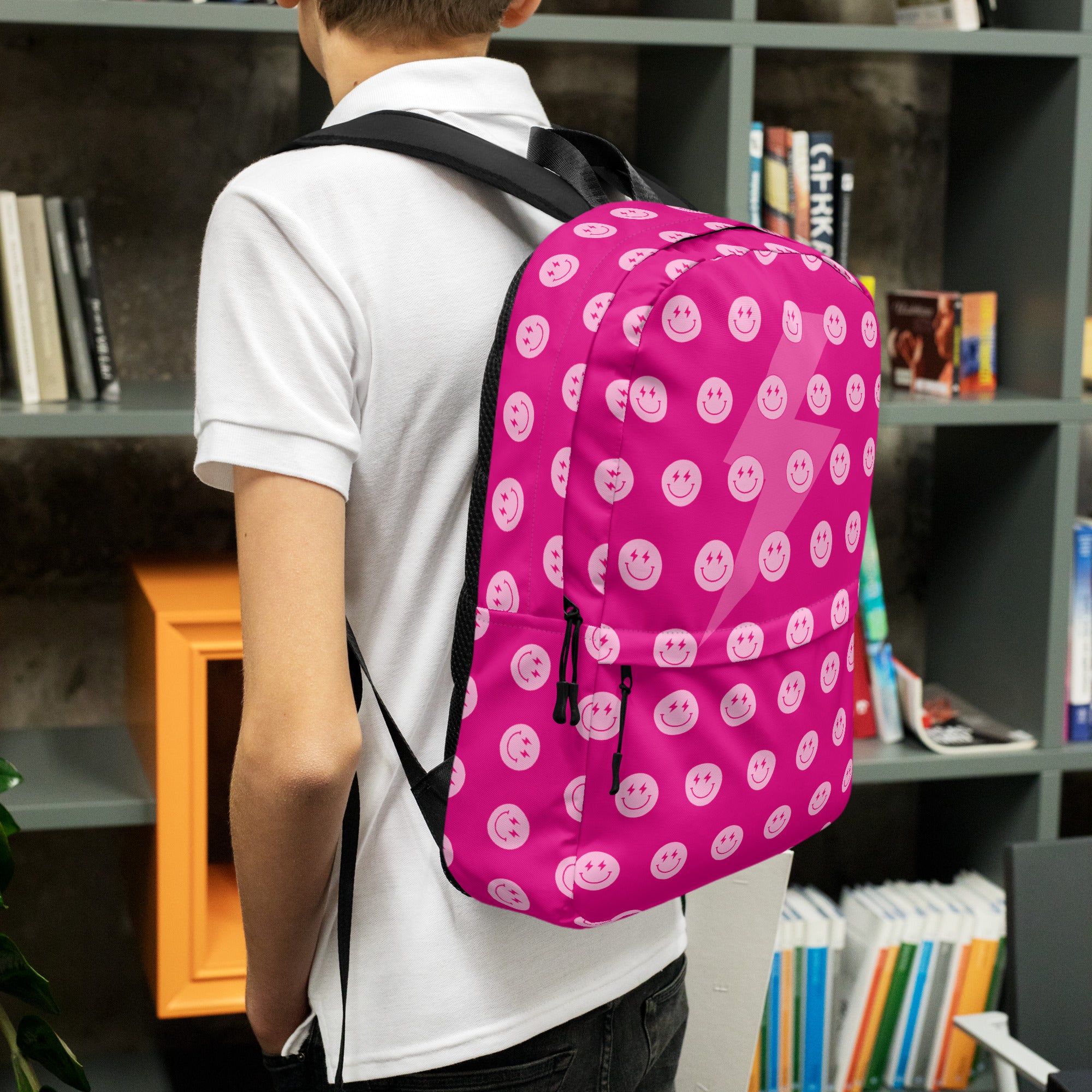 Preppy Pink Smiley Face Lightning Bolt Backpack