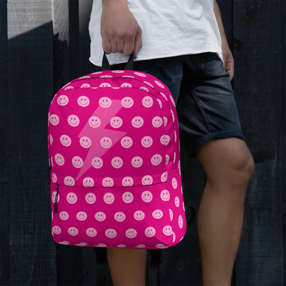 Preppy Pink Smiley Face Lightning Bolt Backpack