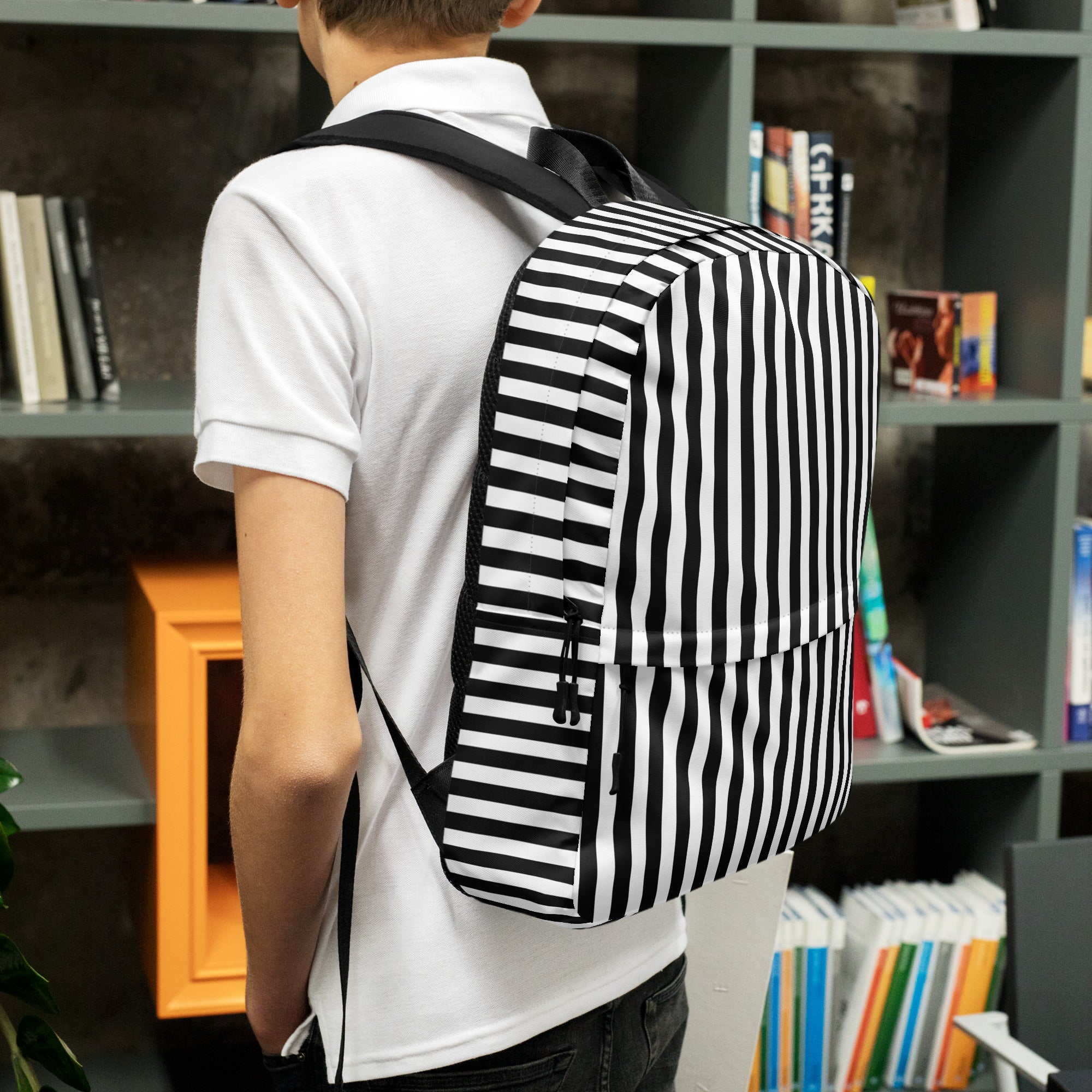Preppy Black and White Vertical Striped Lines Printed Backpack