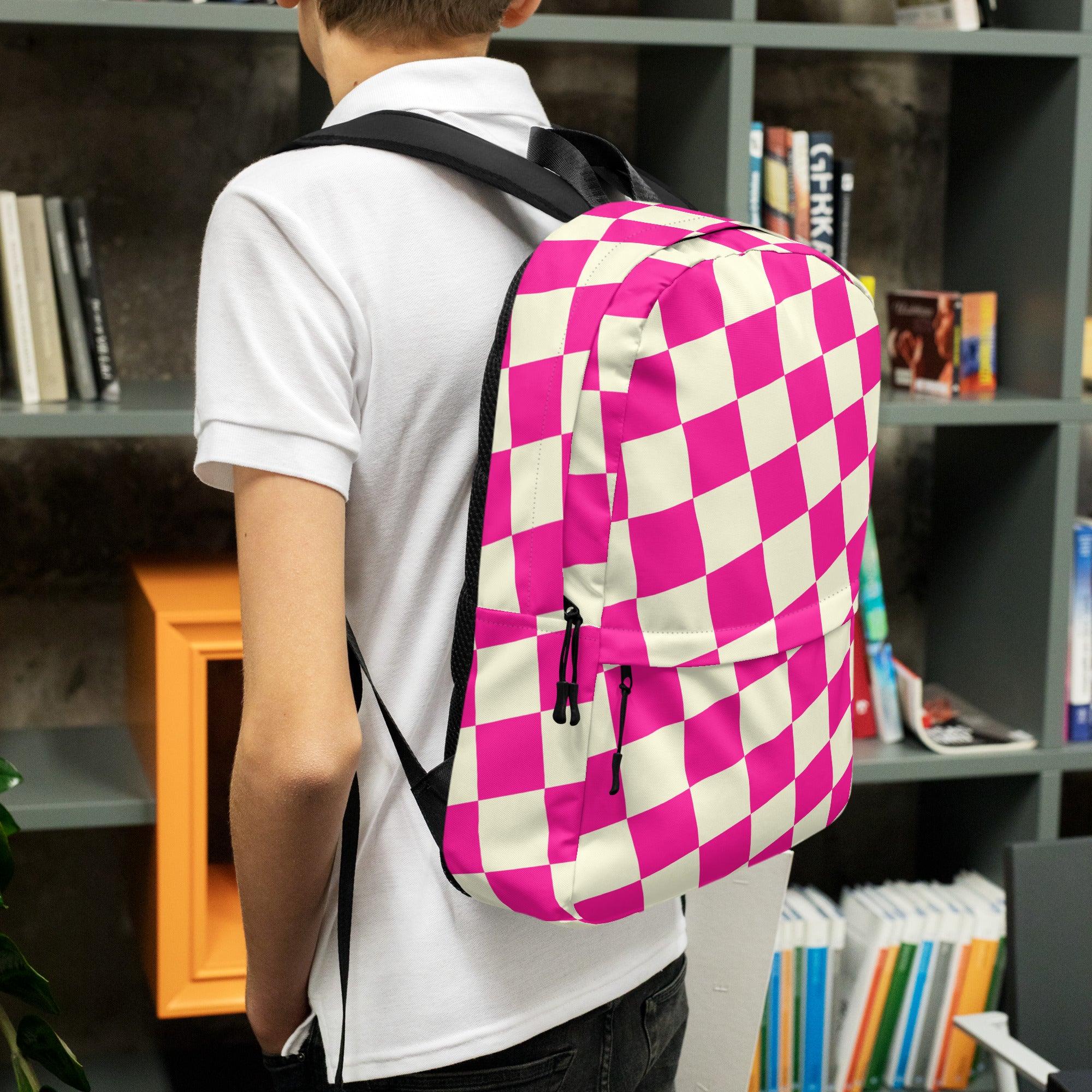 Preppy Style Pink Checkered School Backpack