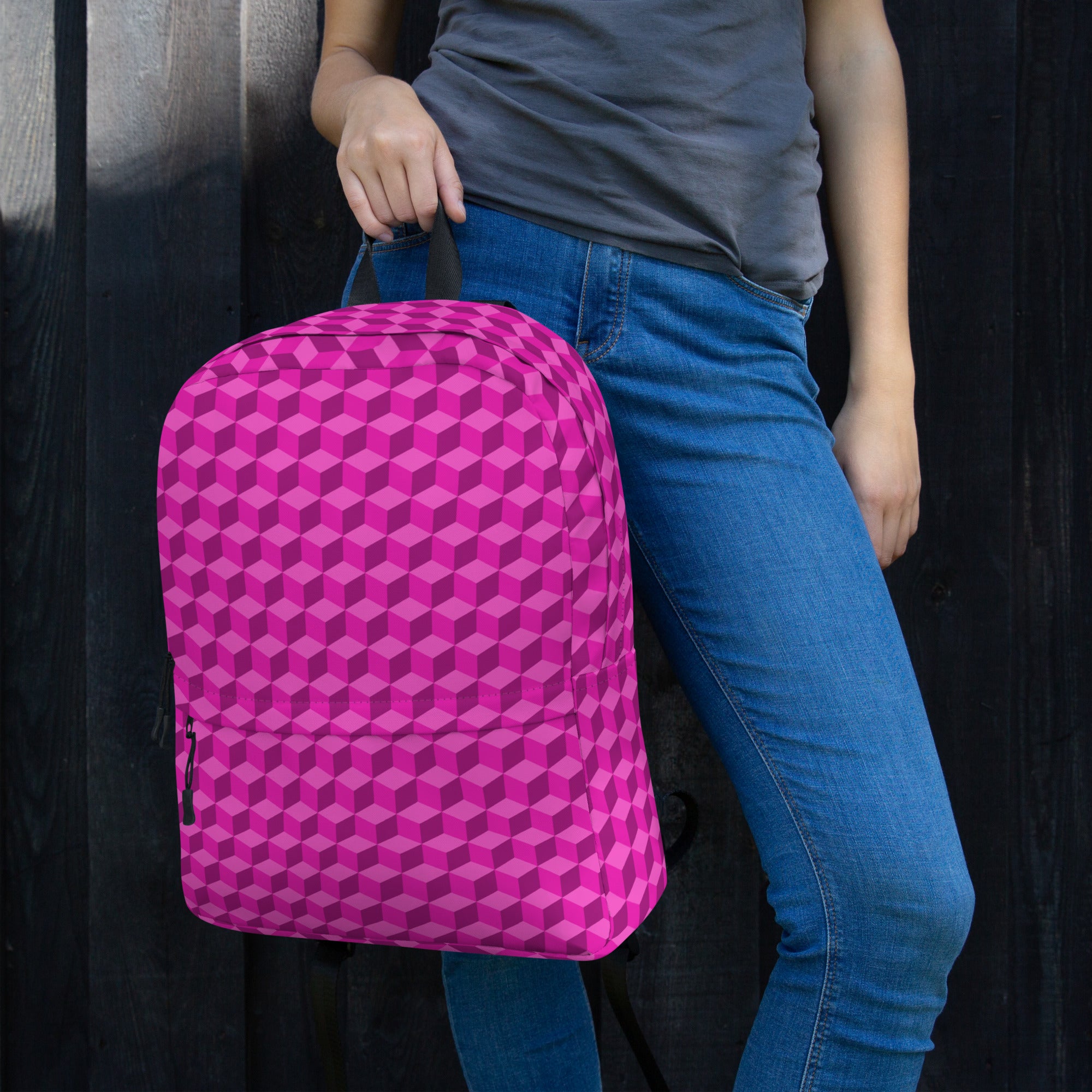 3d Geometric Cubes Optical illusion Preppy Pink Backpack