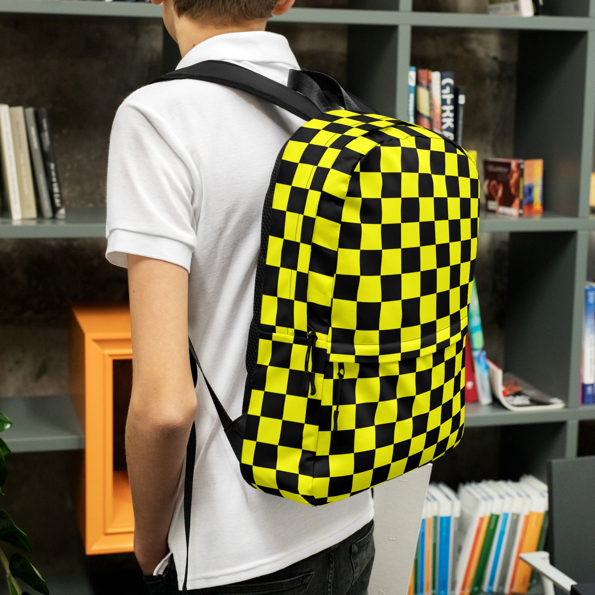 Preppy Yellow and Black Aesthetic Checkered Print Backpack
