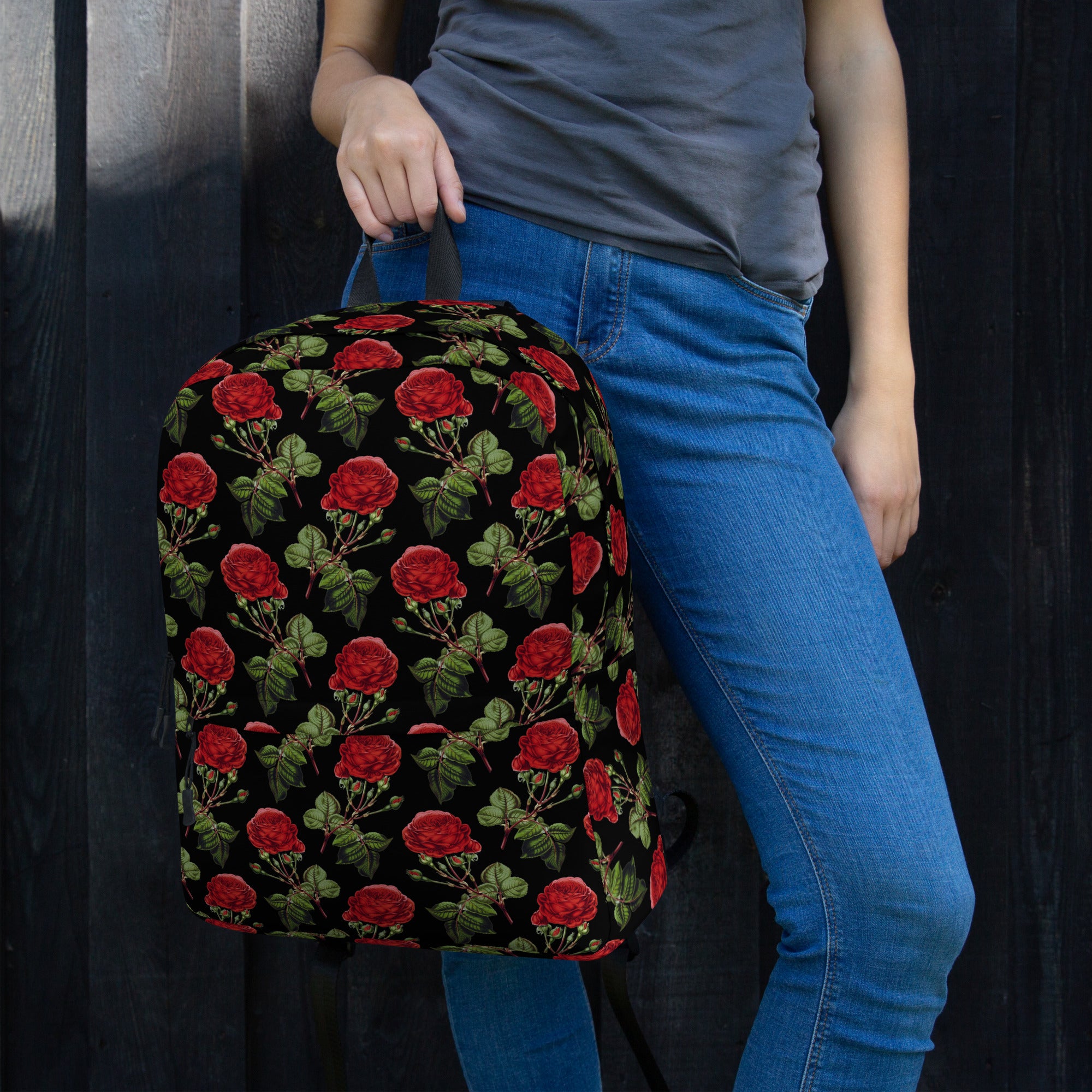 Vintage Red Roses Print Floral Black Casual School Backpack