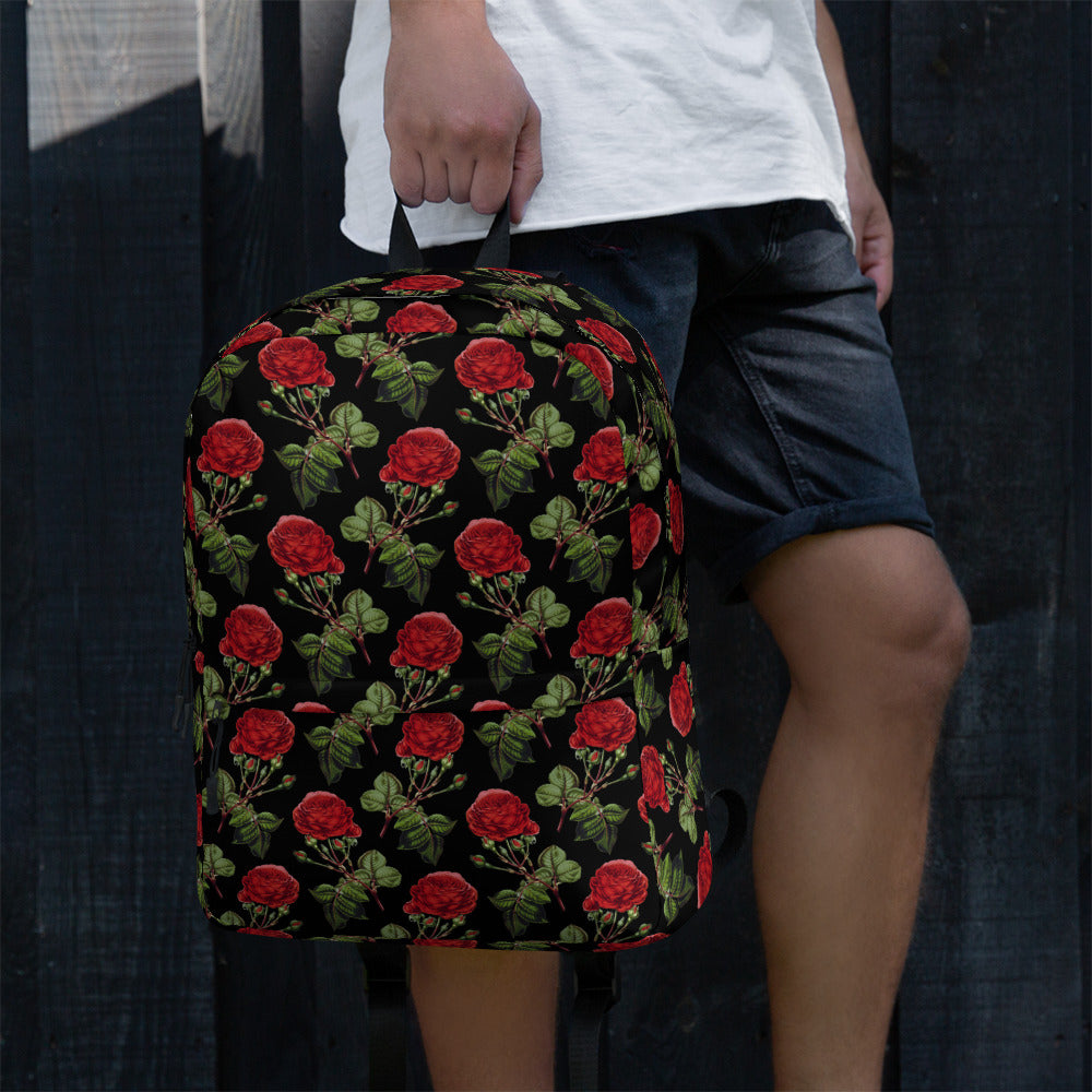 Vintage Red Roses Print Floral Black Casual School Backpack