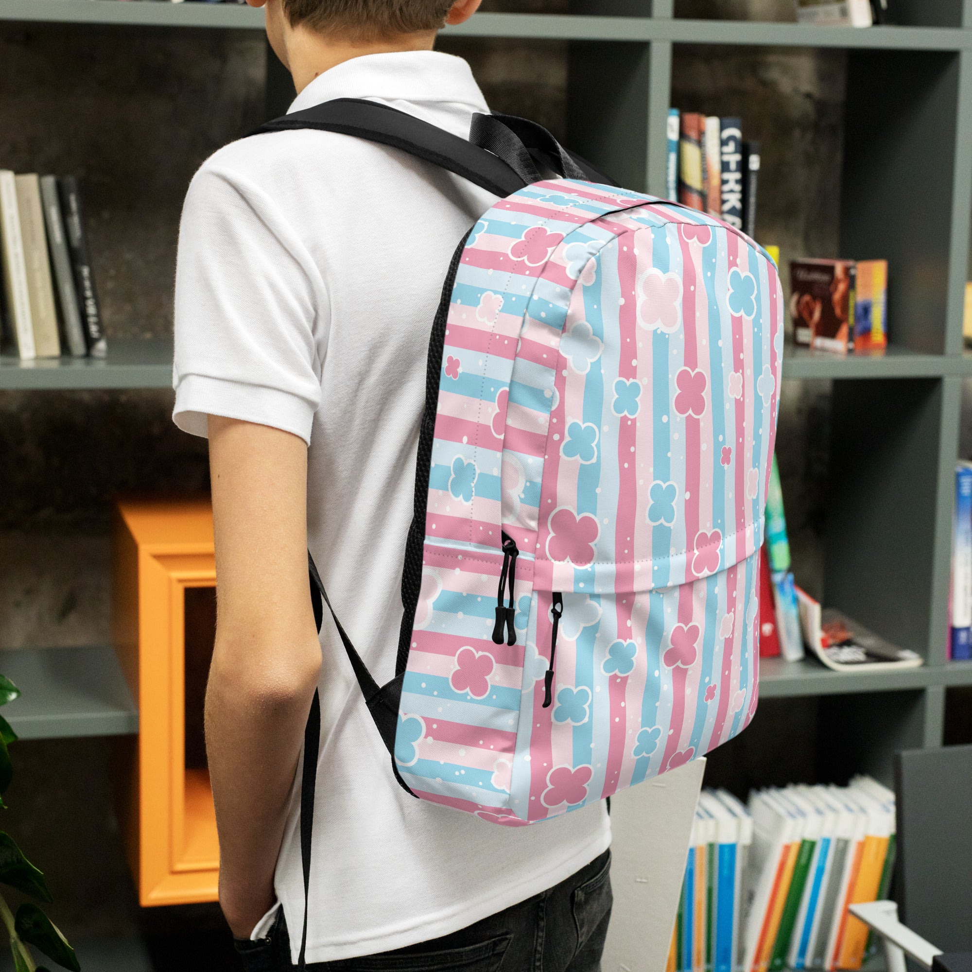 Preppy Cute Pastel Pink & Blue Flower Style Stripes Backpack for Girls