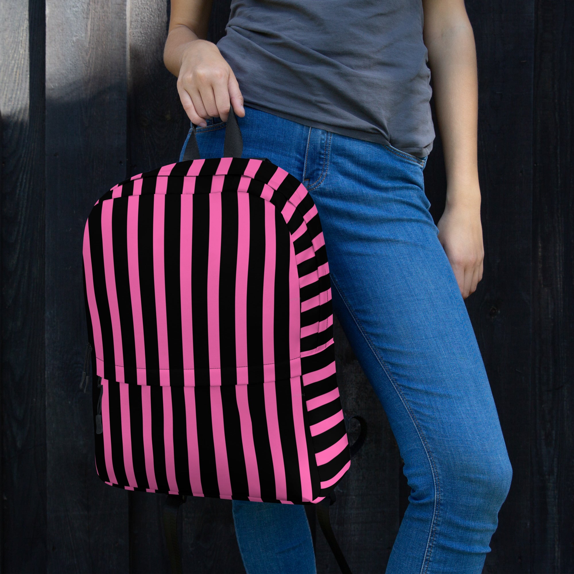 Pink & Black Vertical Striped Fashionable Women's Backpack